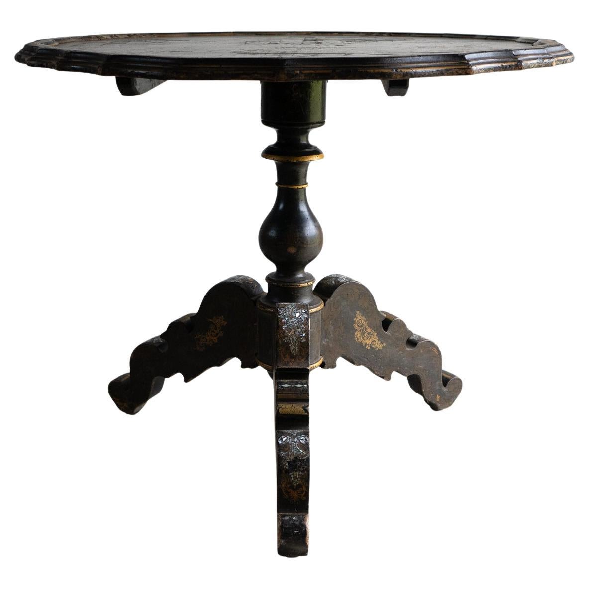 Antiquity French Napoleon III Lacquered Pedestal Table, Inlaid Hand Painted 19th C