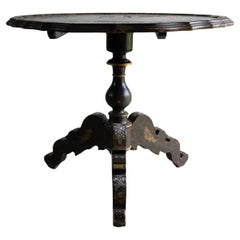 Antique French Napoleon III Lacquered Pedestal Table, Inlaid Hand Painted 19th C
