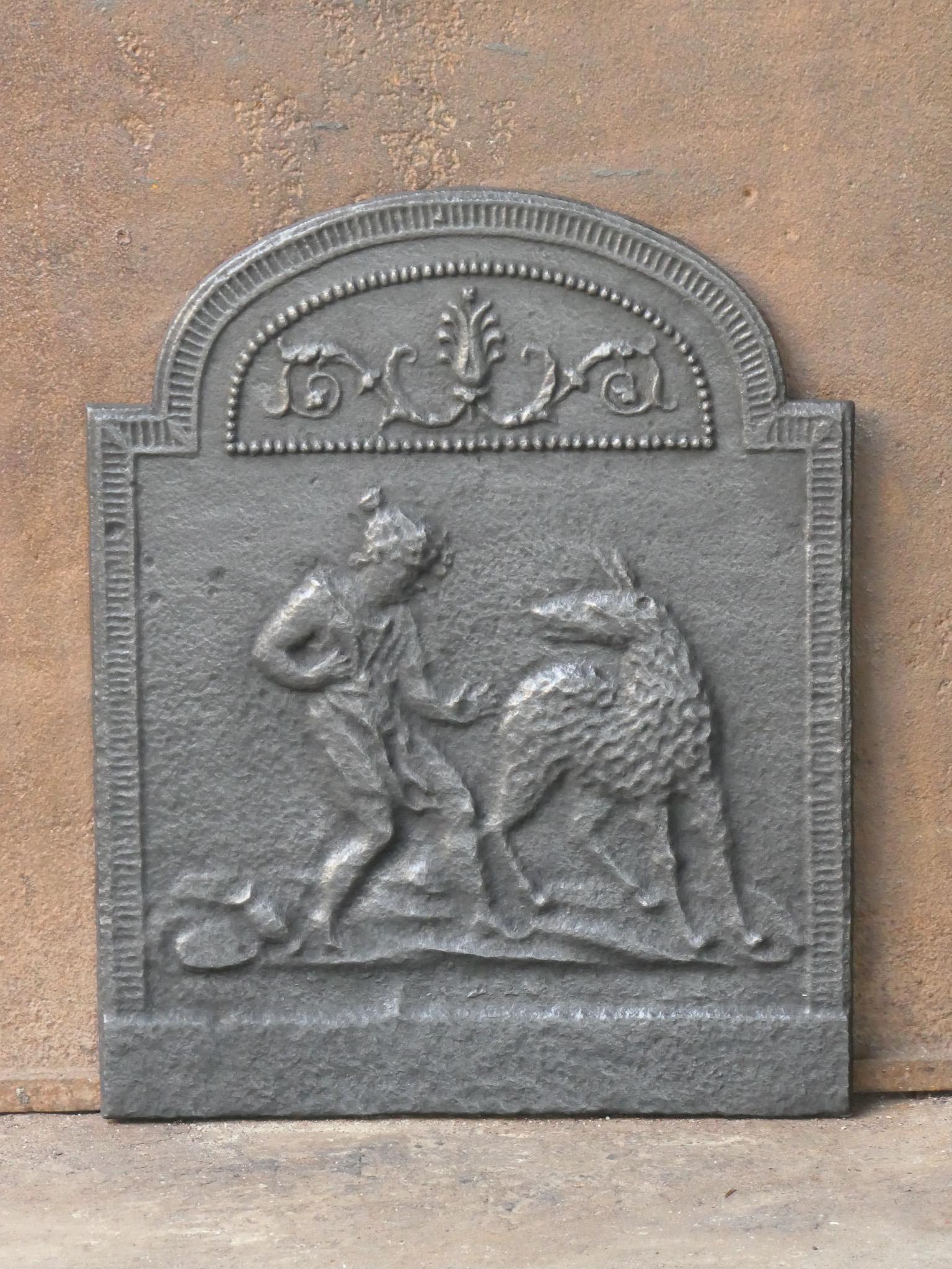 19th century French Napoleon III fireback with little red riding hood and the wolf. The fireback is made of cast iron and has a natural brown patina. Upon request it can be made black / pewter at no extra costs. It is in a good condition and does