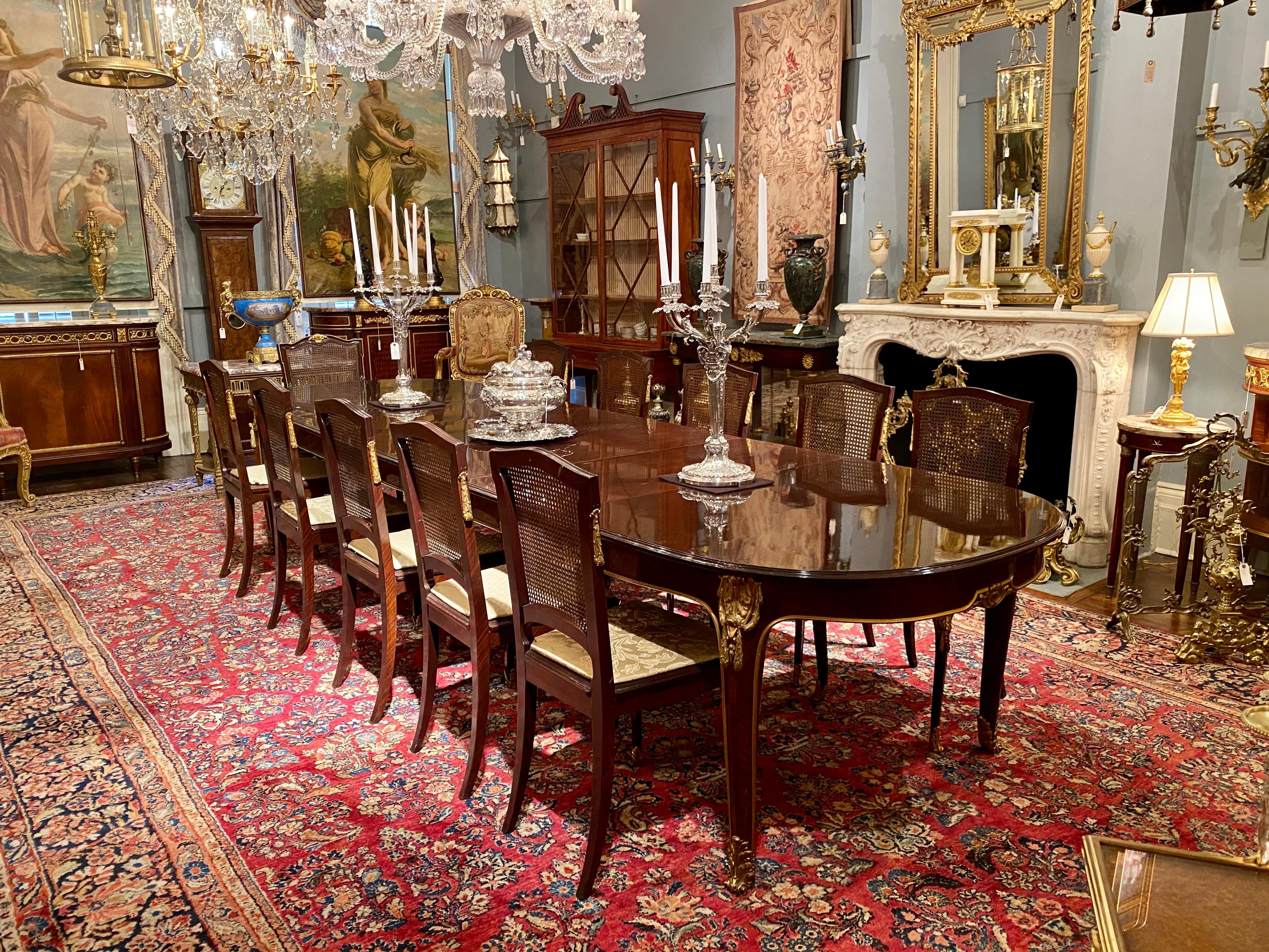 Antique French Napoleon III Mahogany & Ormolu Dining Table with 12 Chairs, 1890s 14