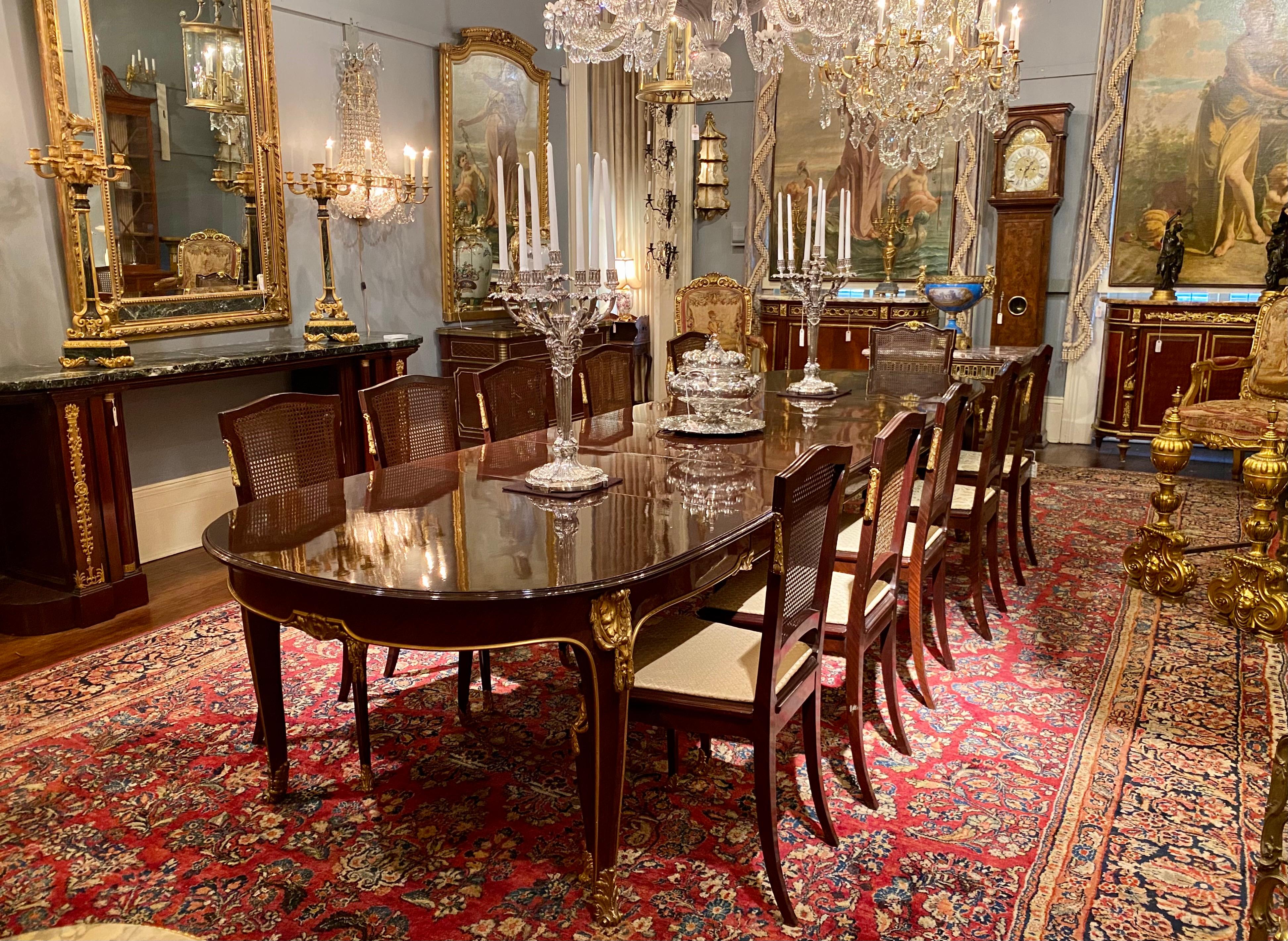 Antique French Napoleon III Mahogany & Ormolu Dining Table with 12 Chairs, 1890s 16