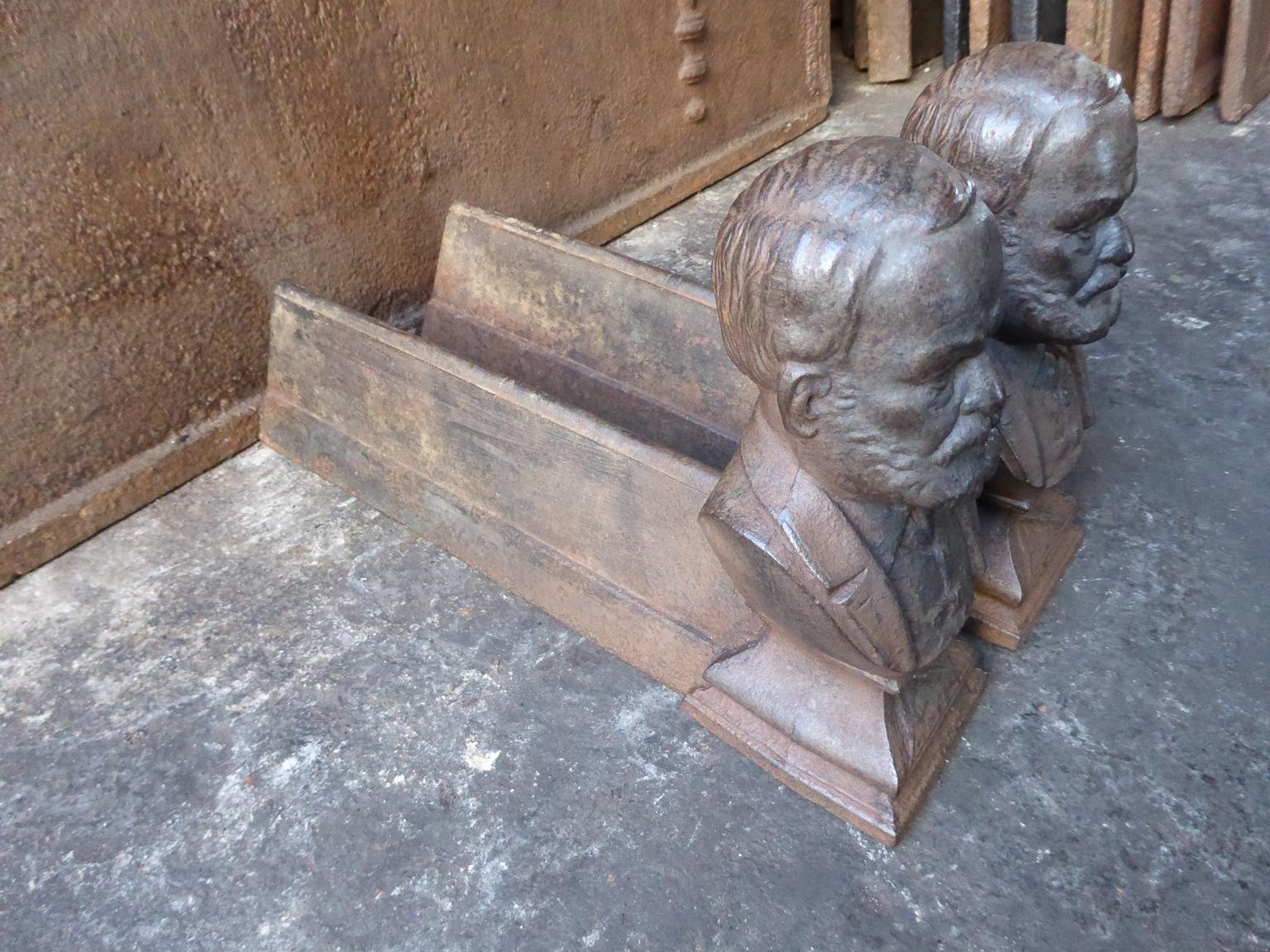 Iron Antique French Napoleon III 'Man' Andirons or Firedogs For Sale