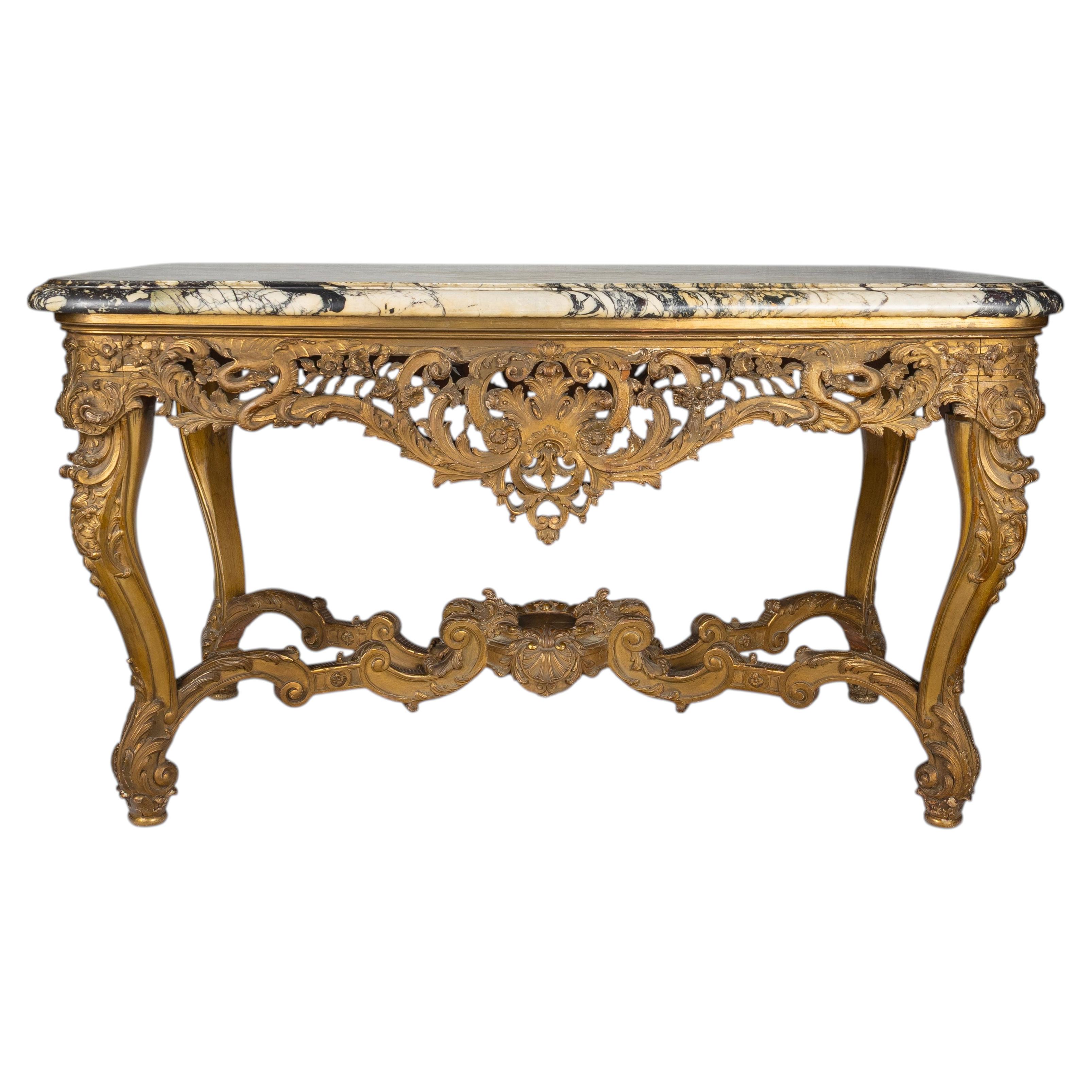 Antique French Napoleon III Marble Top Giltwood Console Center Table, 1870