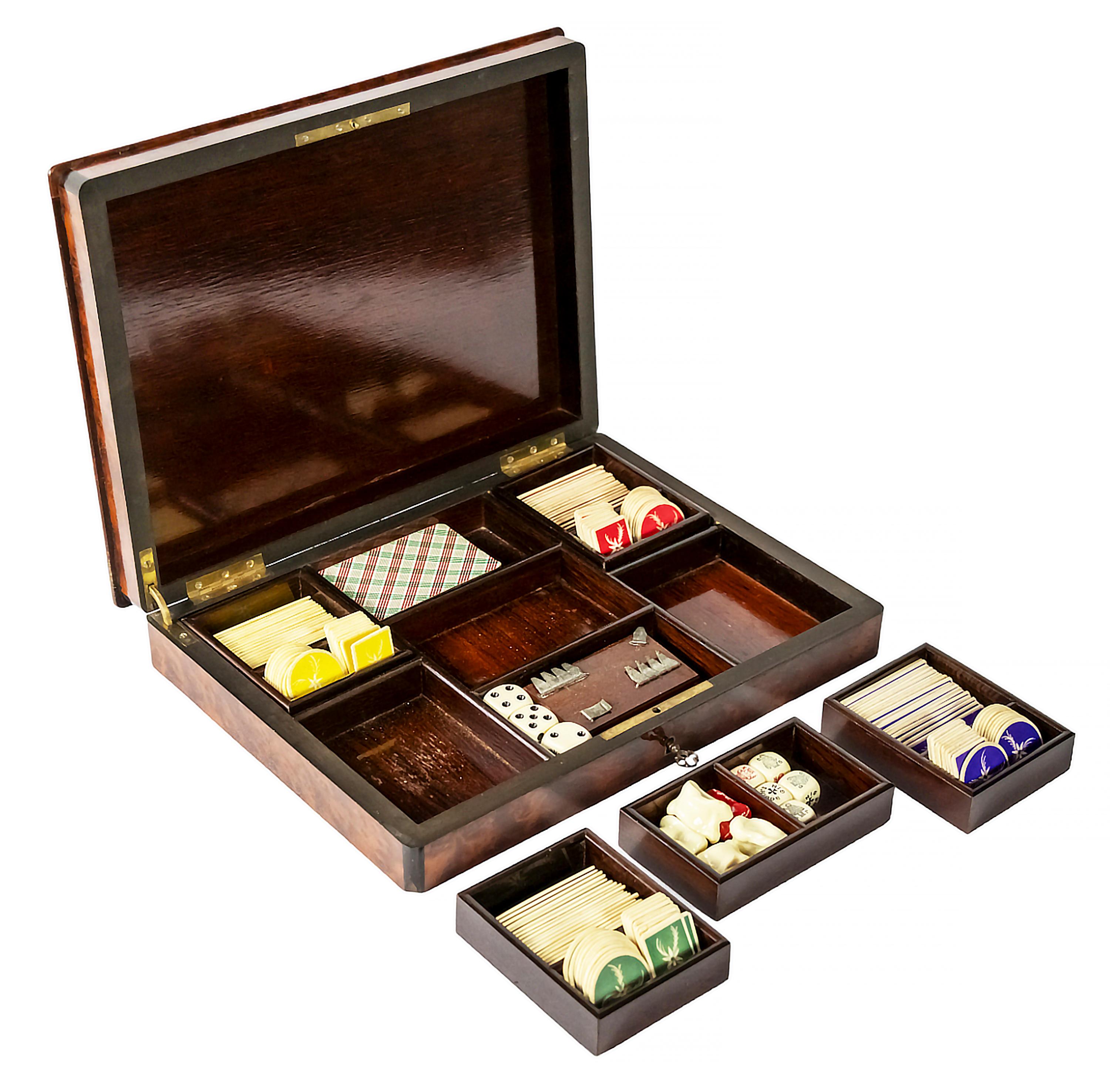 19th Century Antique French Napoleon III Marquetry Box with Cards and Game Elements For Sale