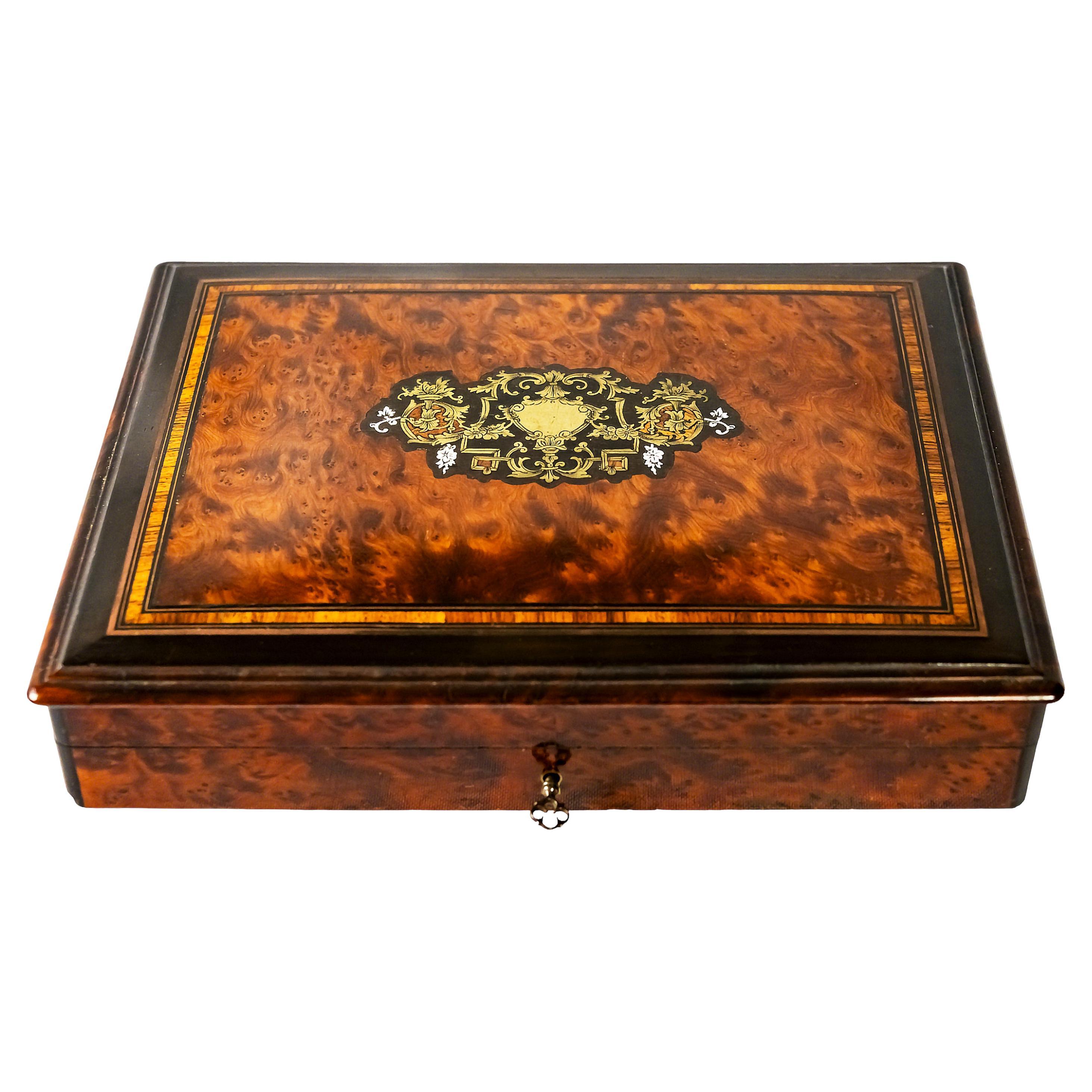 Antique French Napoleon III Marquetry Box with Cards and Game Elements For Sale