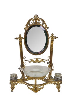 Porte-horloge et miroir de courtoisie antique français de style néoclassique Napoléon III, en bronze doré