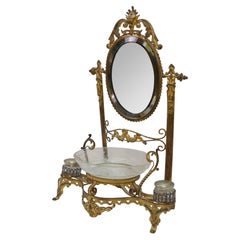 Porte-horloge et miroir de courtoisie antique français de style néoclassique Napoléon III, en bronze doré