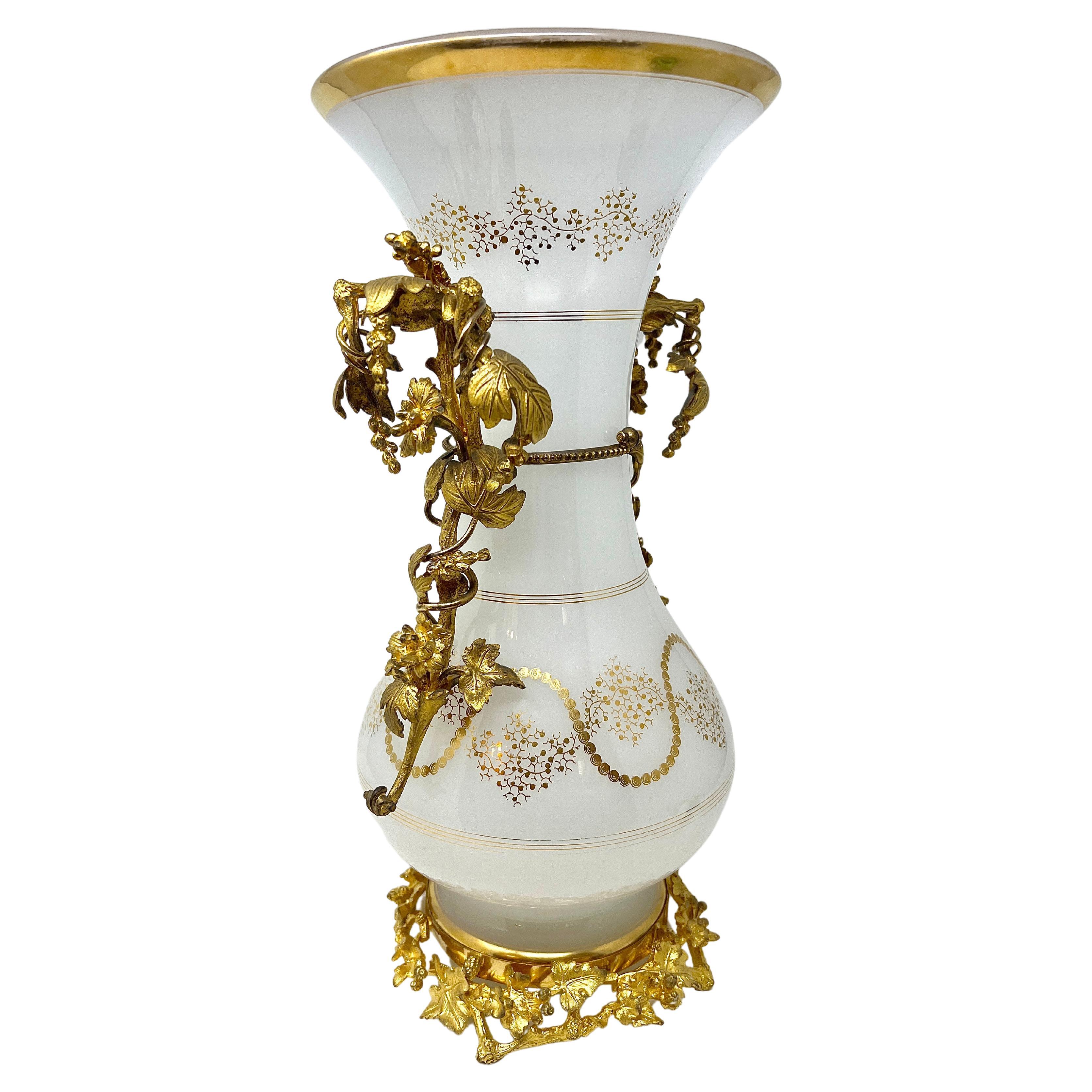 Antique French Napoleon III Opaline Glass and Gold Bronze Vase, Circa 1890's. In Good Condition For Sale In New Orleans, LA