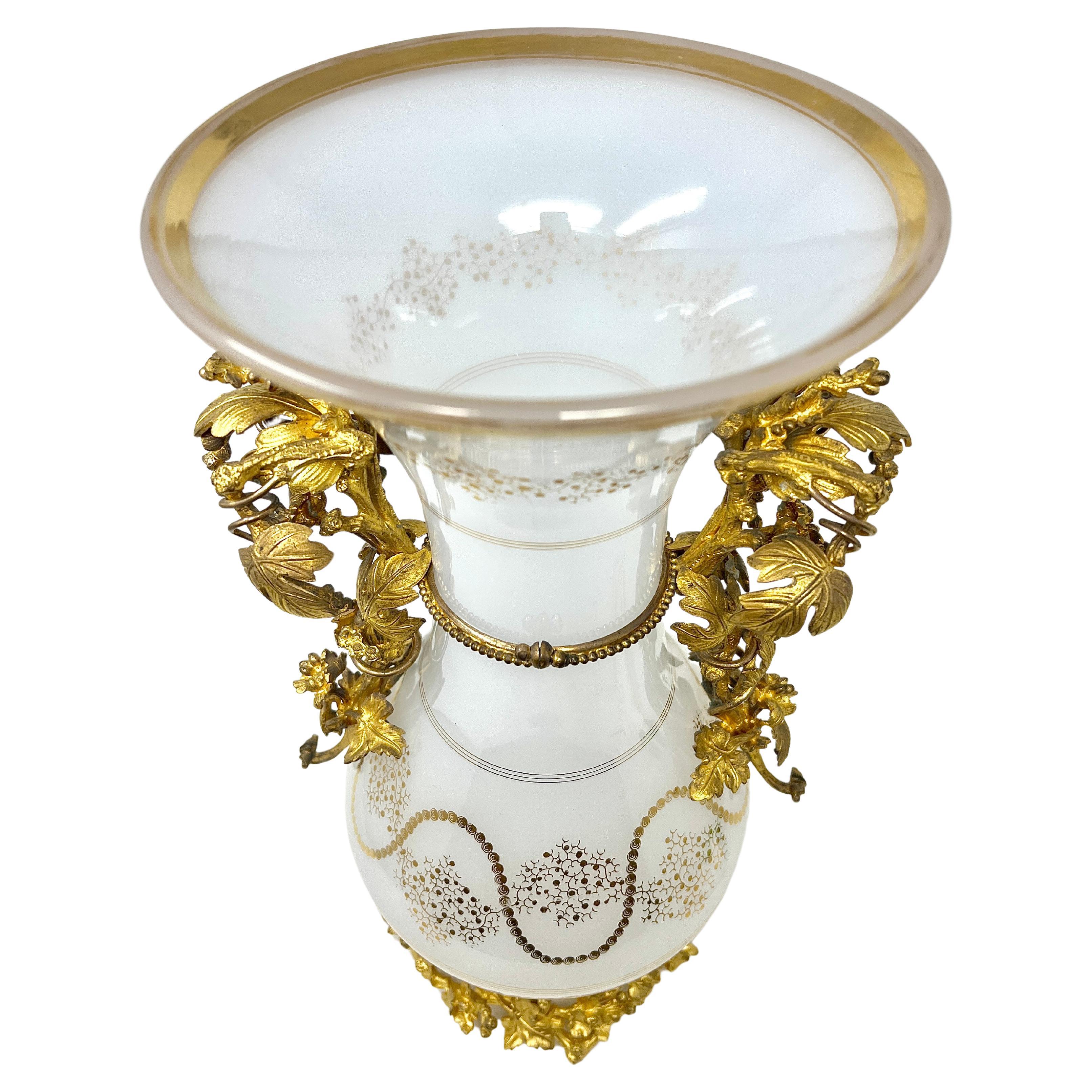 19th Century Antique French Napoleon III Opaline Glass and Gold Bronze Vase, Circa 1890's. For Sale