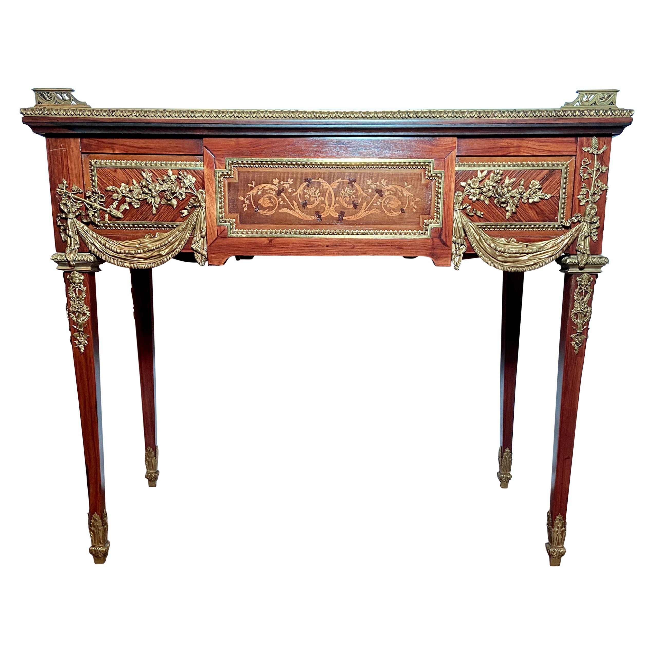 Antiker französischer Napoleon III. Goldbronze-Tisch-Schreibtisch & Jardiniere mit Goldbronze-Montierung, um 1865