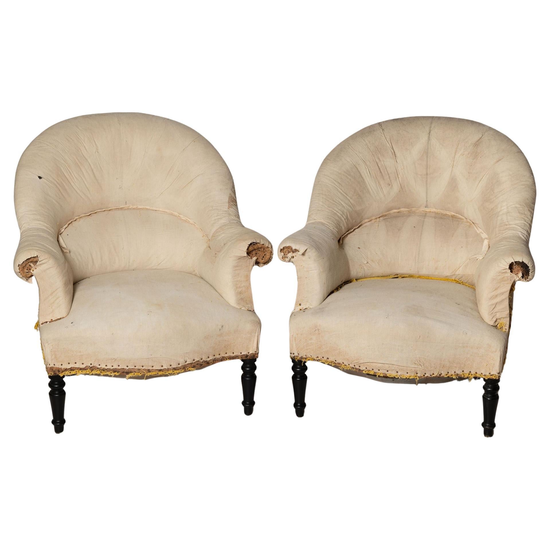 Antique French Napoleon III pair of tub chairs, for upholstery For Sale