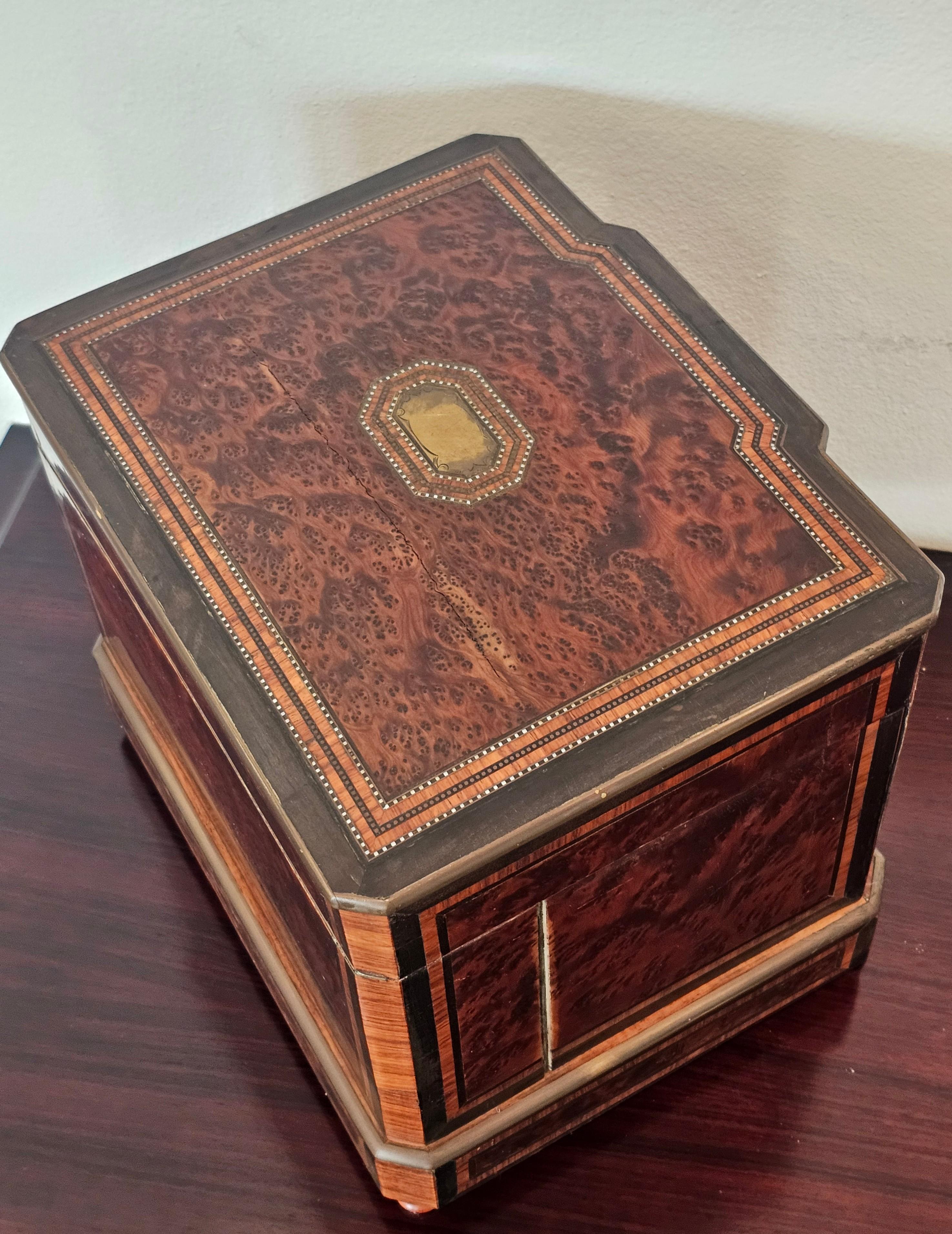 Antique French Napoleon III Period Burlwood Box Cave a Liqueur Decanter Set 8