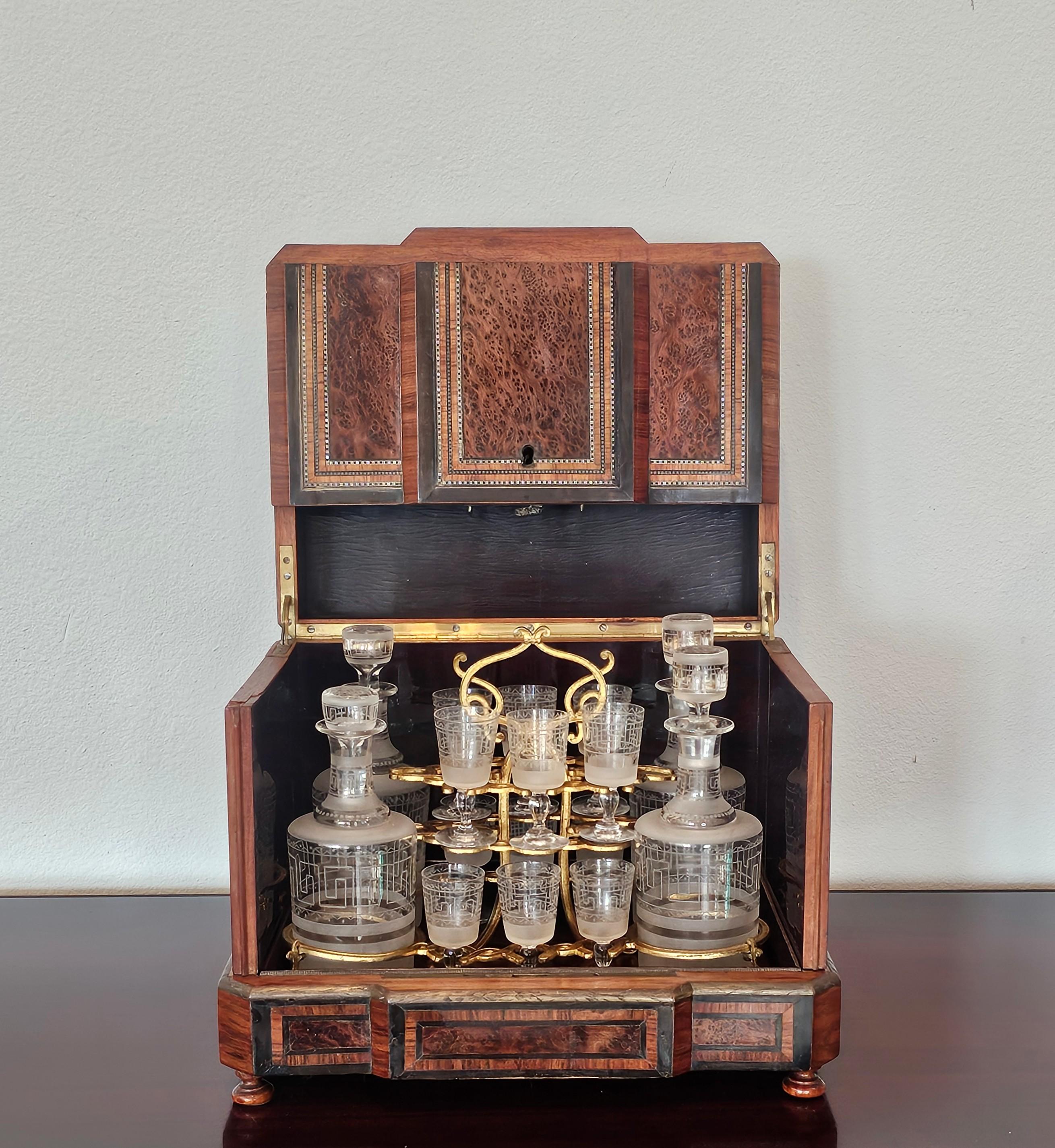 Antique French Napoleon III Period Burlwood Box Cave a Liqueur Decanter Set 9