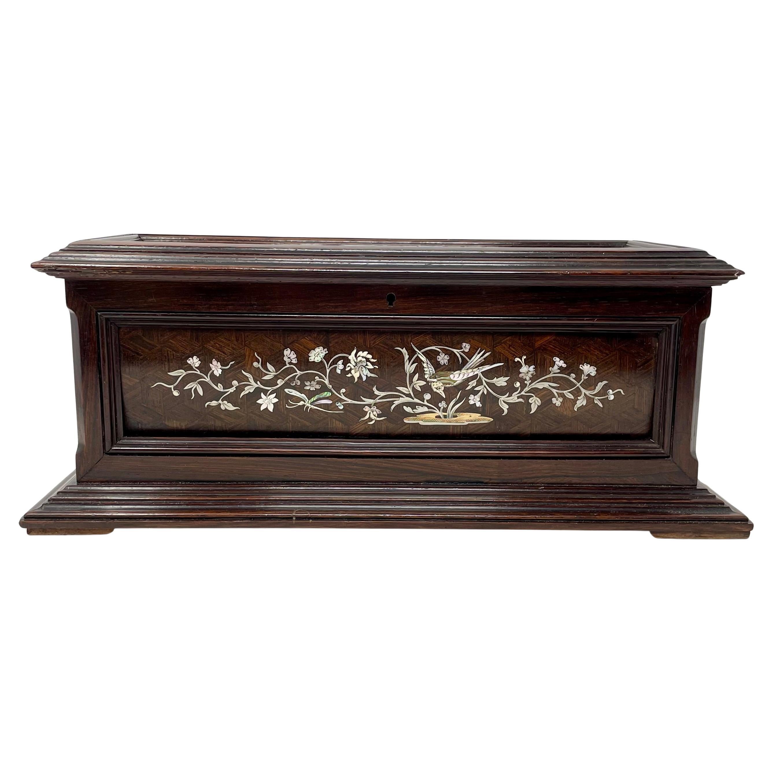 Antique French Napoleon III rosewood jewel box with fabulous silver inlay, circa 1860-1870.