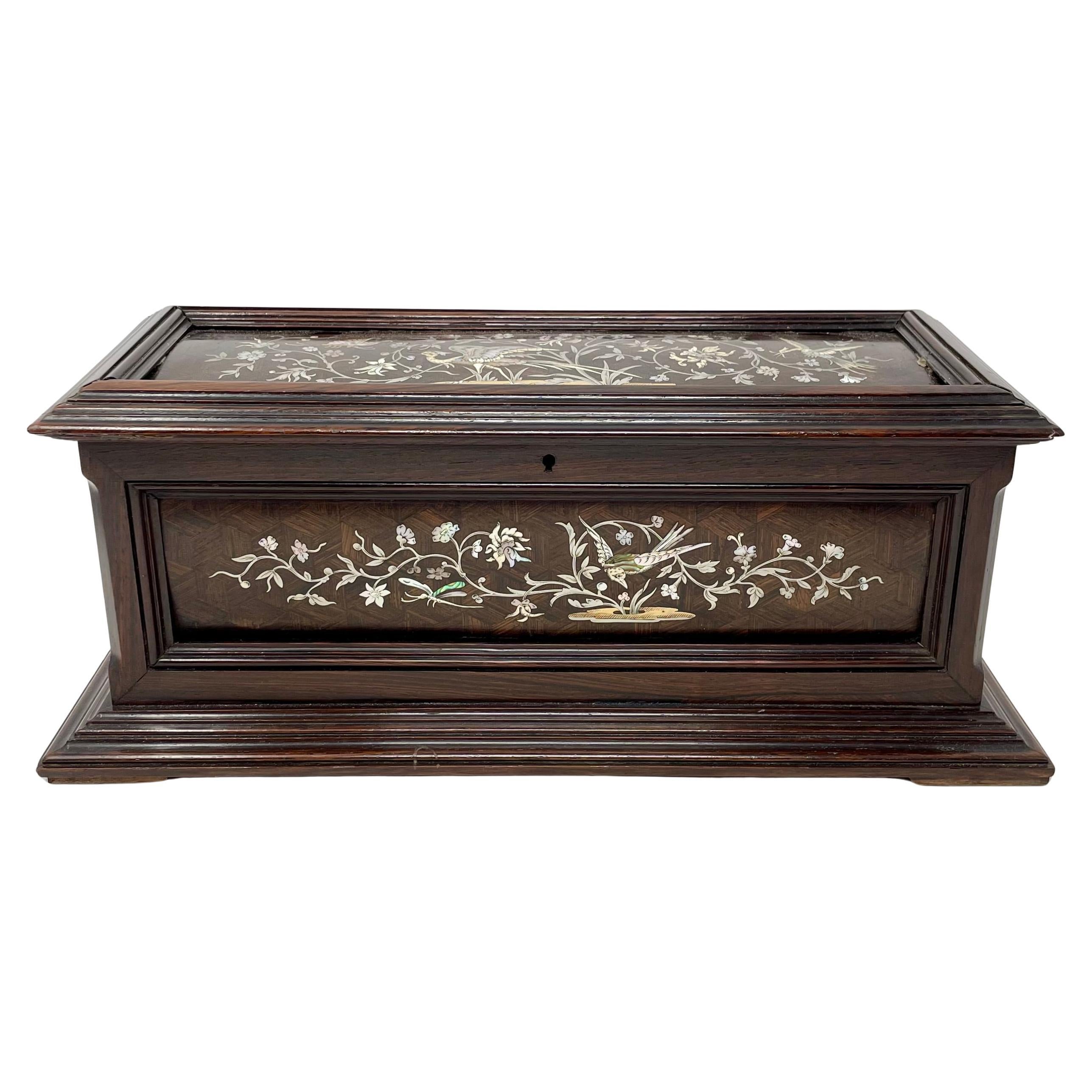 Antique French Napoleon III Rosewood Jewel Box with Silver Inlay Circa 1860-1870 In Good Condition For Sale In New Orleans, LA