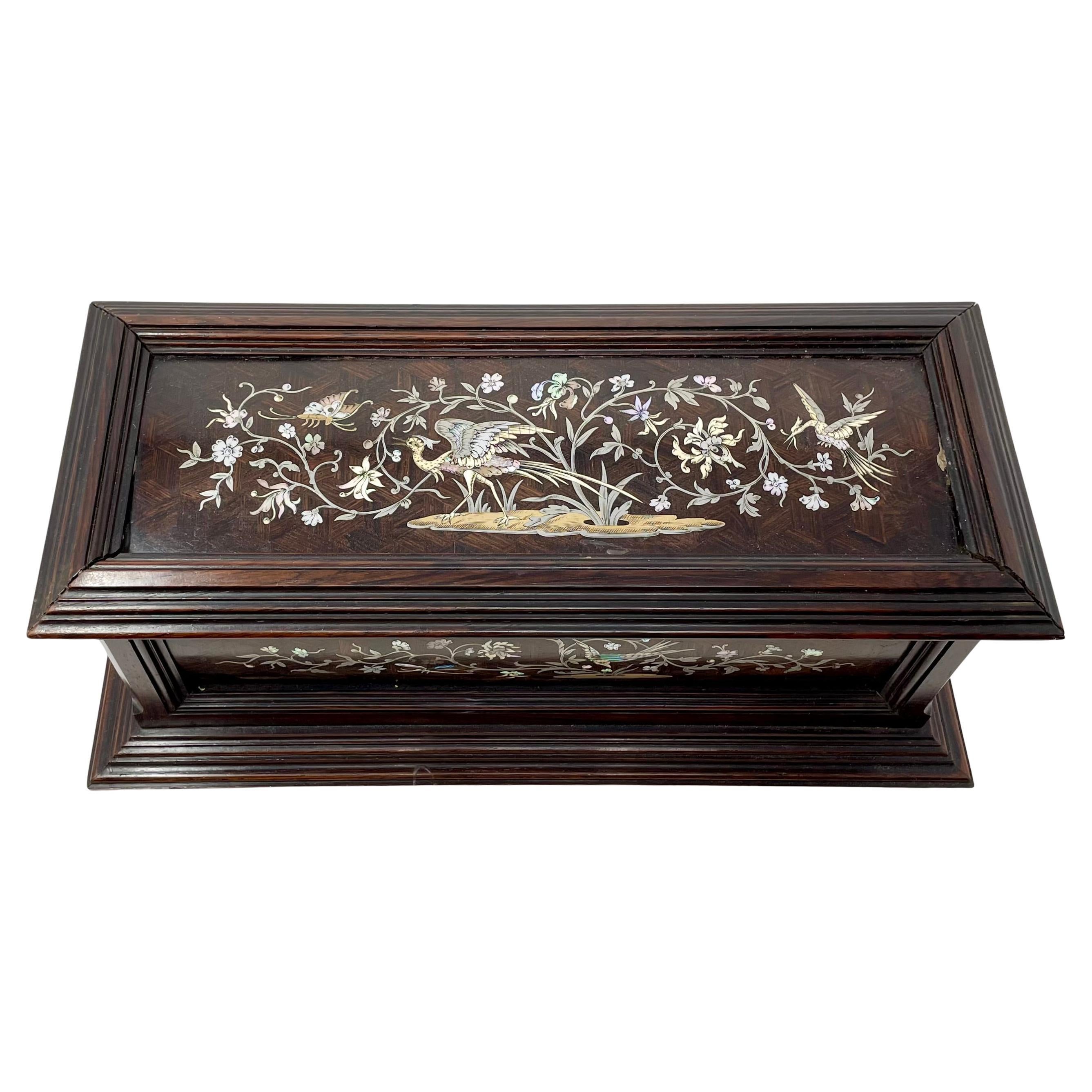 19th Century Antique French Napoleon III Rosewood Jewel Box with Silver Inlay Circa 1860-1870 For Sale