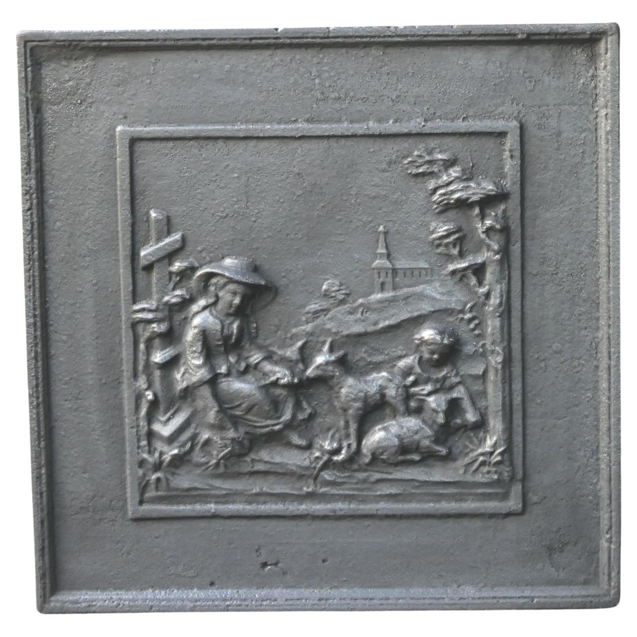 Plaque de cheminée / dosseret ancien français Napoléon III "Scène rurale", 19ème siècle en vente