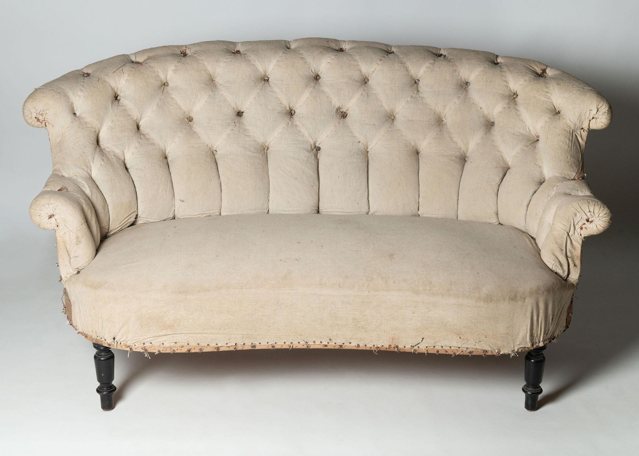 Wood Antique French Napoleon III sofa, buttoned back 