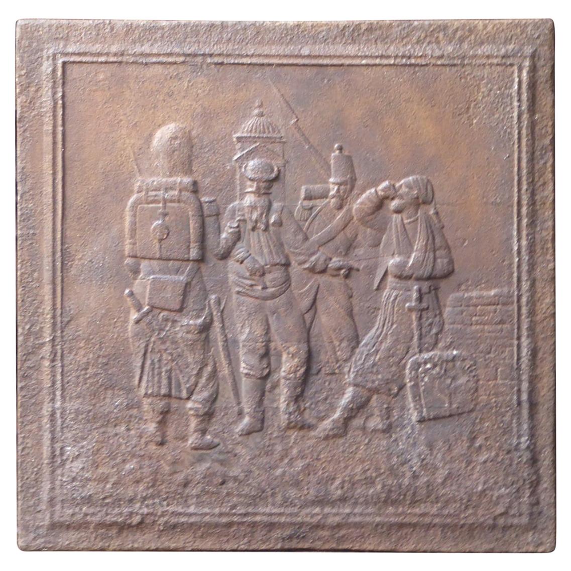 Plaque de cheminée / dosseret ancien français Napoléon III 'Soldats', 19ème siècle en vente