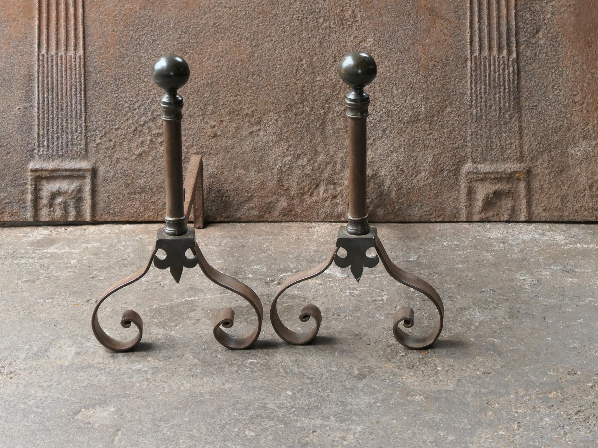 Wrought Iron Antique French Napoleon III Style Andirons or Firedogs, 19th-20th Century For Sale
