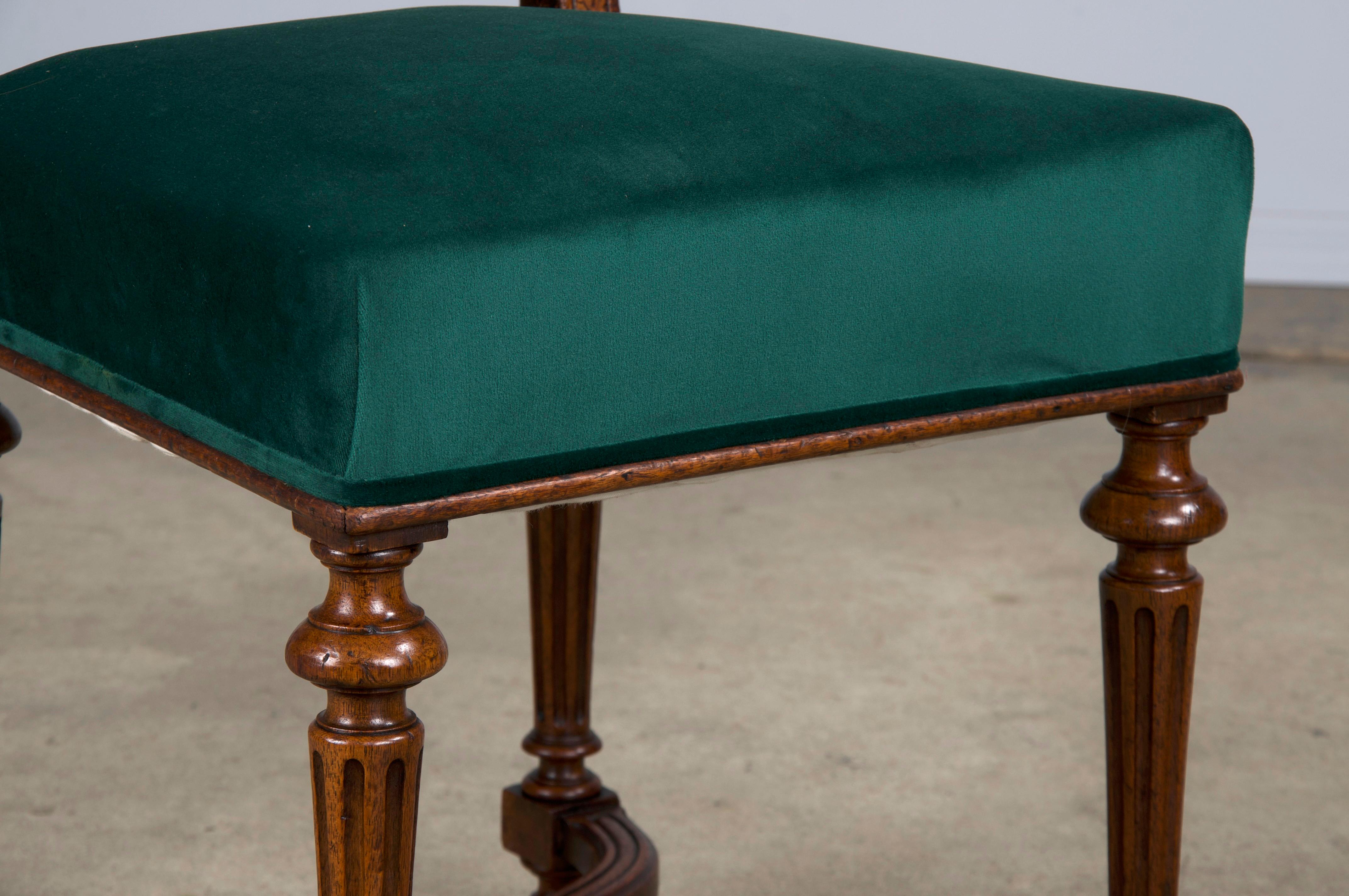 Antique French Napoleon III Style Oak Dining Chairs W/ Green Velvet - Set of 6 For Sale 8