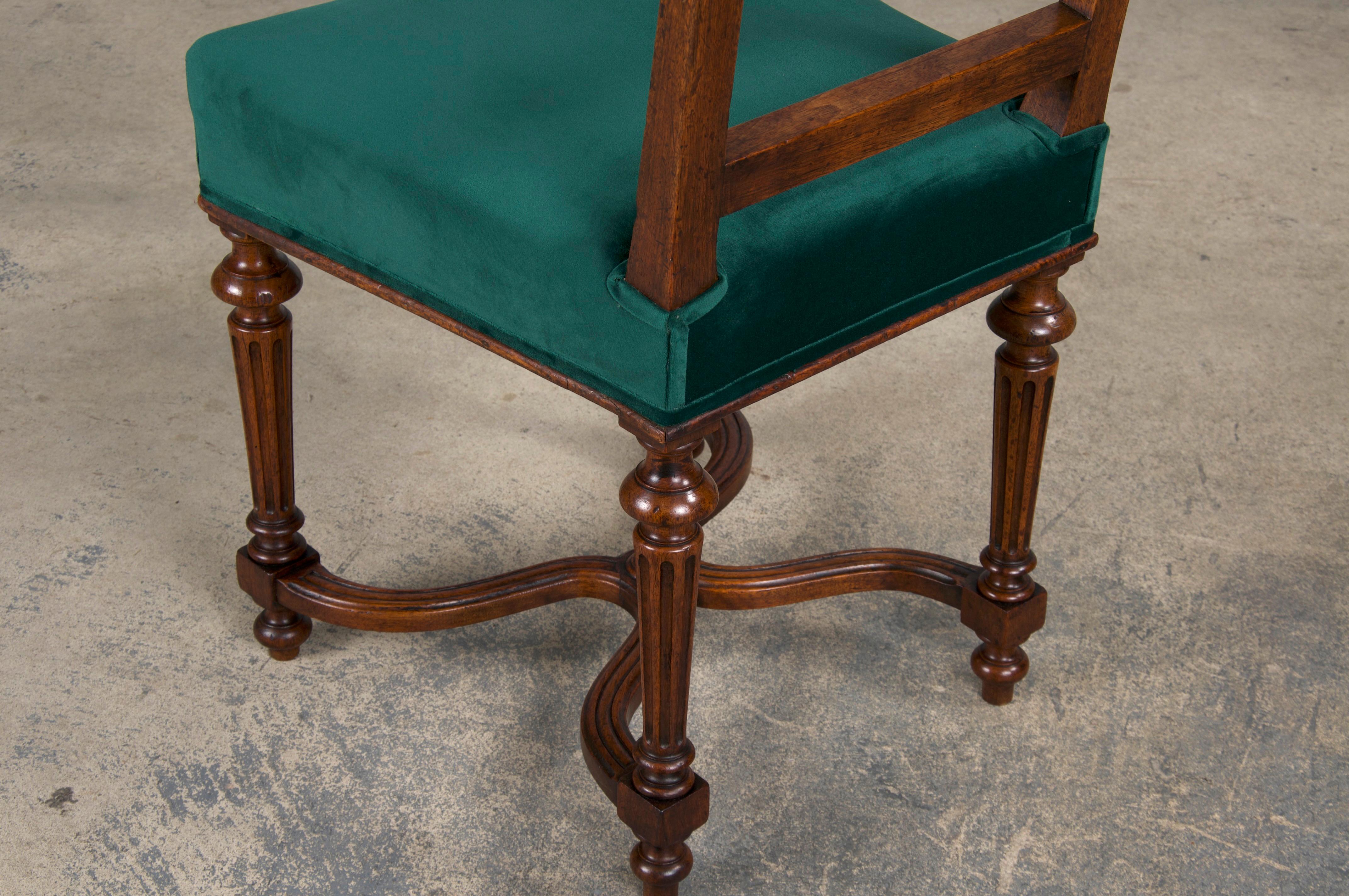 Antique French Napoleon III Style Oak Dining Chairs W/ Green Velvet - Set of 6 For Sale 10