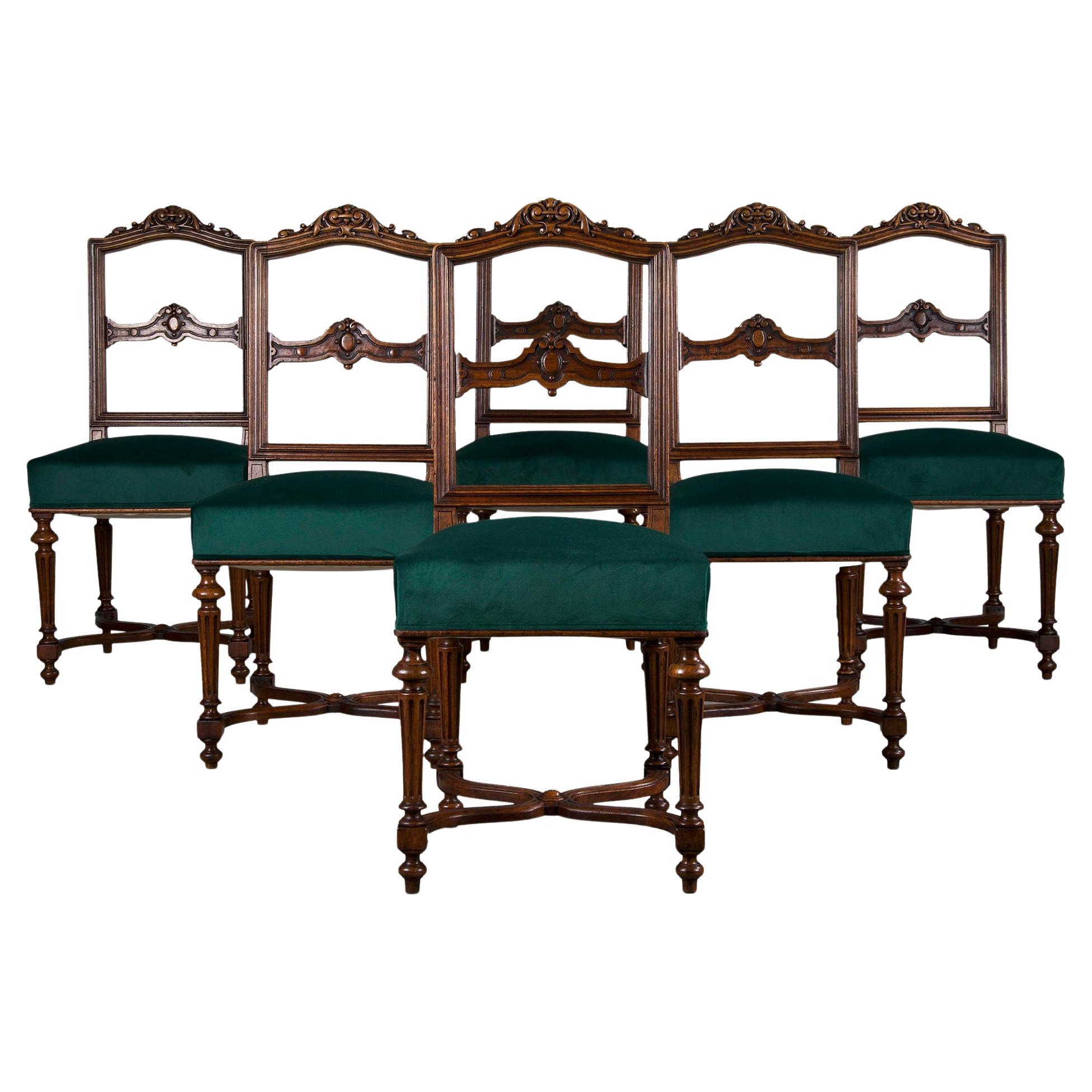 Antique French Napoleon III Style Oak Dining Chairs W/ Green Velvet - Set of 6 For Sale