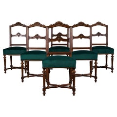 Antique French Napoleon III Style Oak Dining Chairs W/ Green Velvet - Set of 6