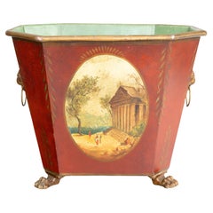 Antique French Napoleon III Style Red Tole Footed Cachepot Planter Lion Handles