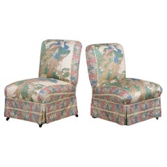 Antique French Napoleon III Style Slipper Chairs W/ Chinoiserie Silk - A Pair