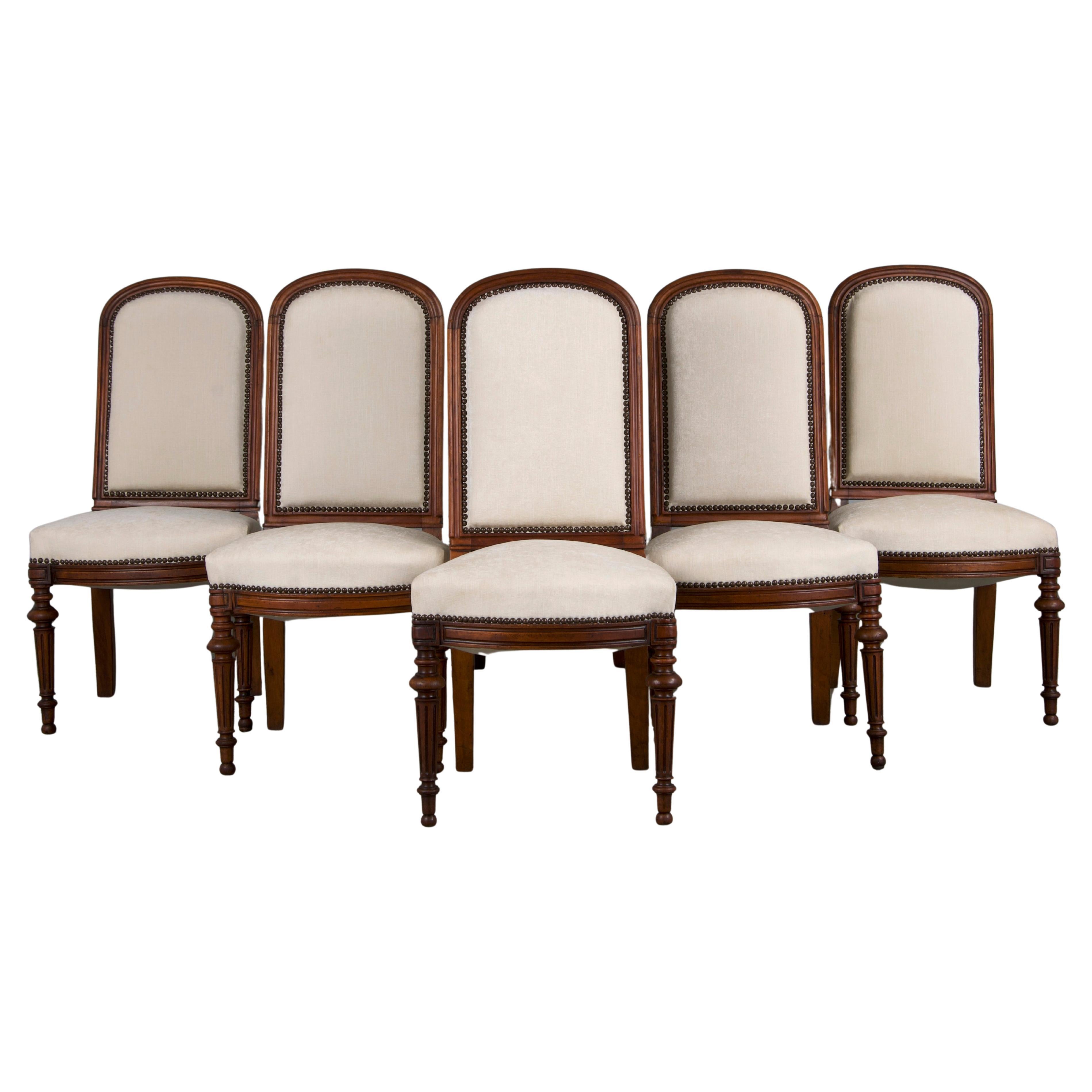 Antique French Napoleon III Style Walnut Dining Chairs W/Cream Chenille-Set of 6