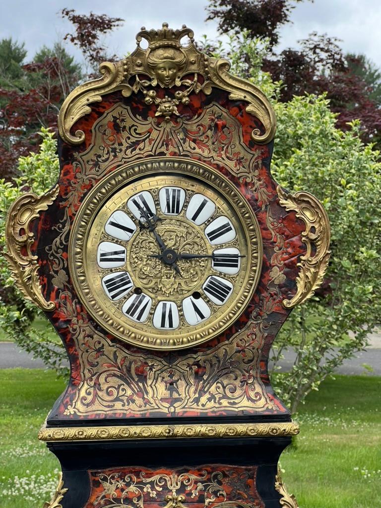 Antique French Napoleonic Boulle Marquetry Longcase Clock c. 1800 In Good Condition For Sale In Westfield, MA