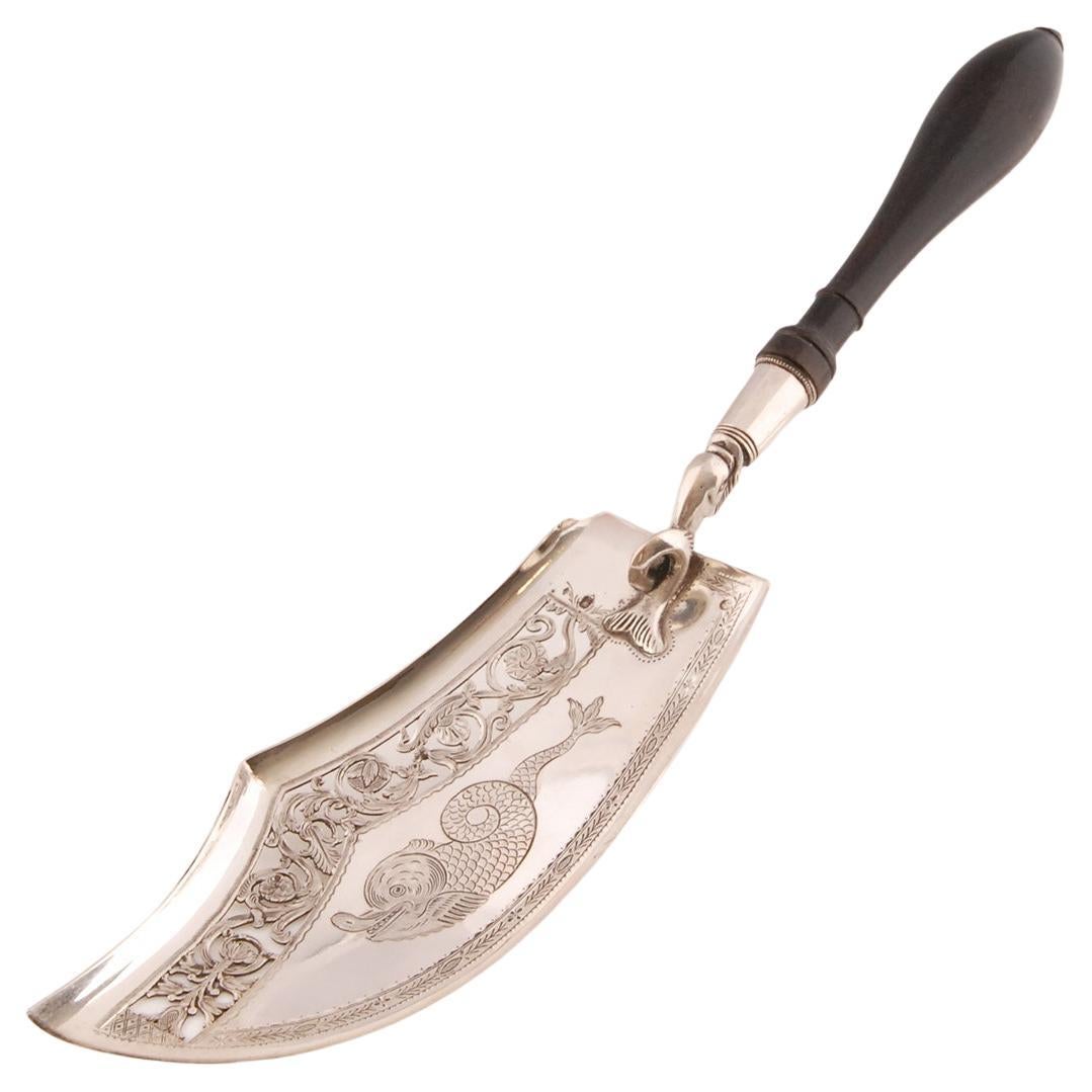 Antique French Napoleonic Sterling Silver Tableware Regency Empire Fish Slice For Sale