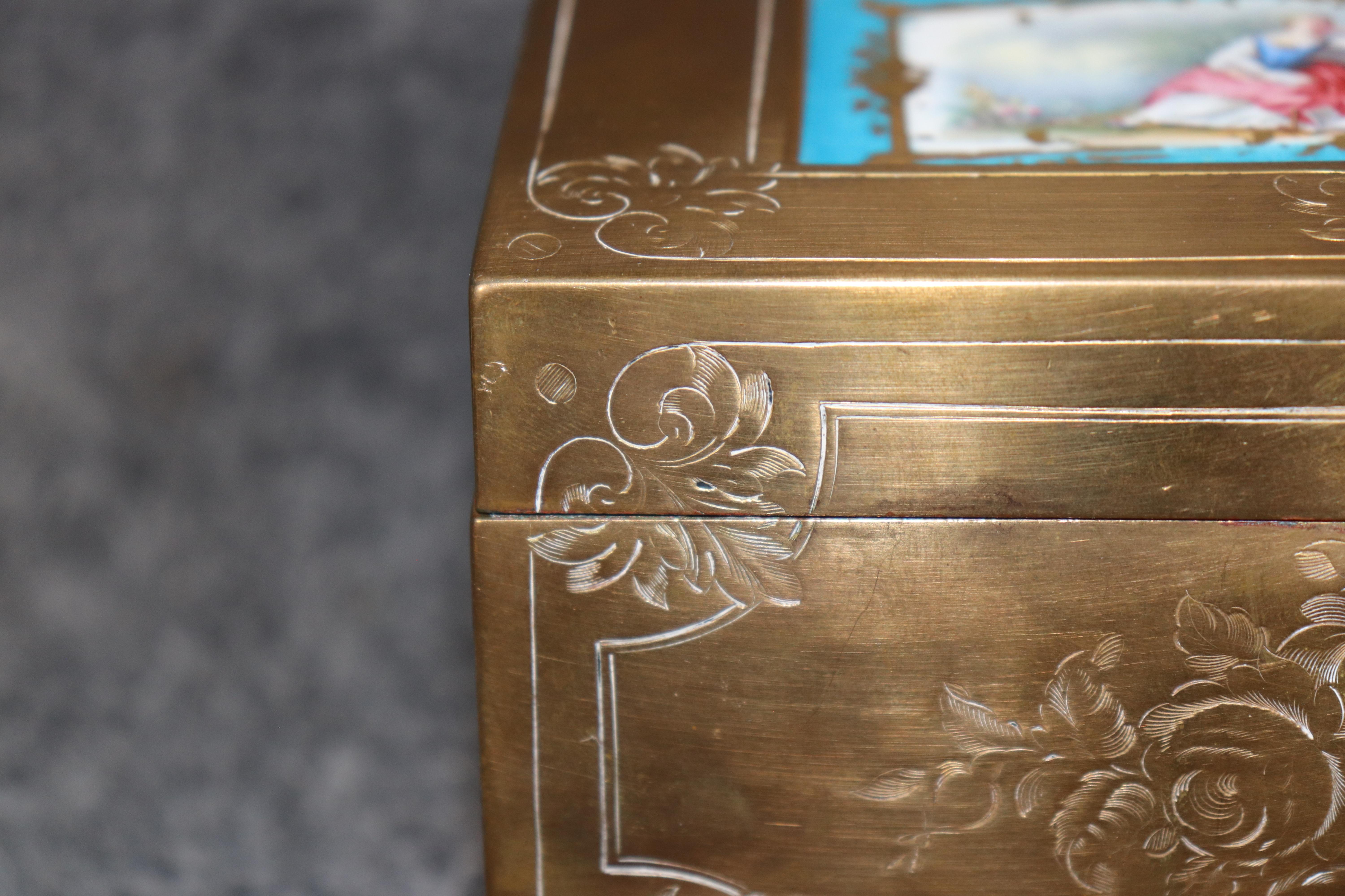 Antique French Napoleonic Style Bronze Box with Sévres Attr. Inset plaque For Sale 6