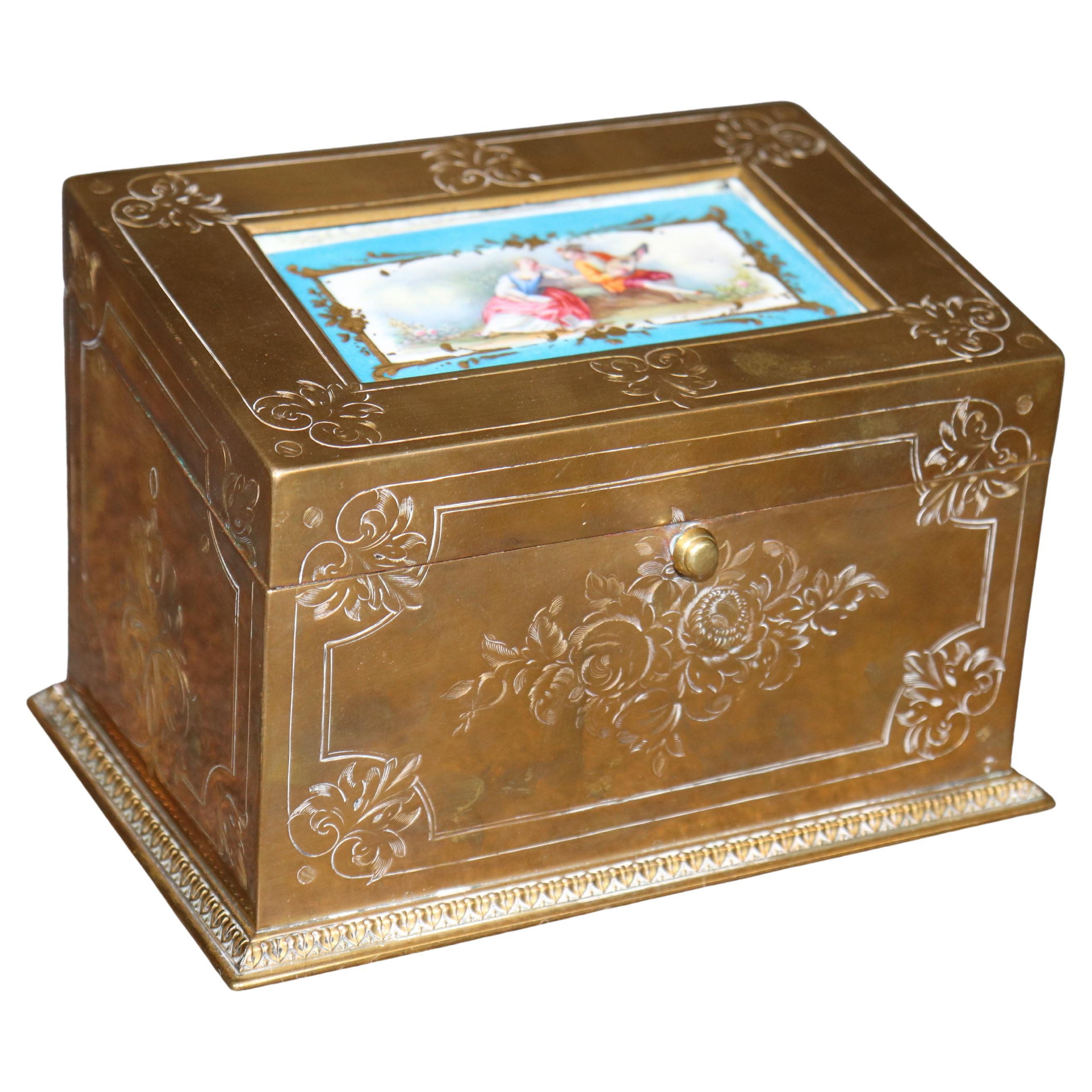 Antique French Napoleonic Style Bronze Box with Sévres Attr. Inset plaque For Sale