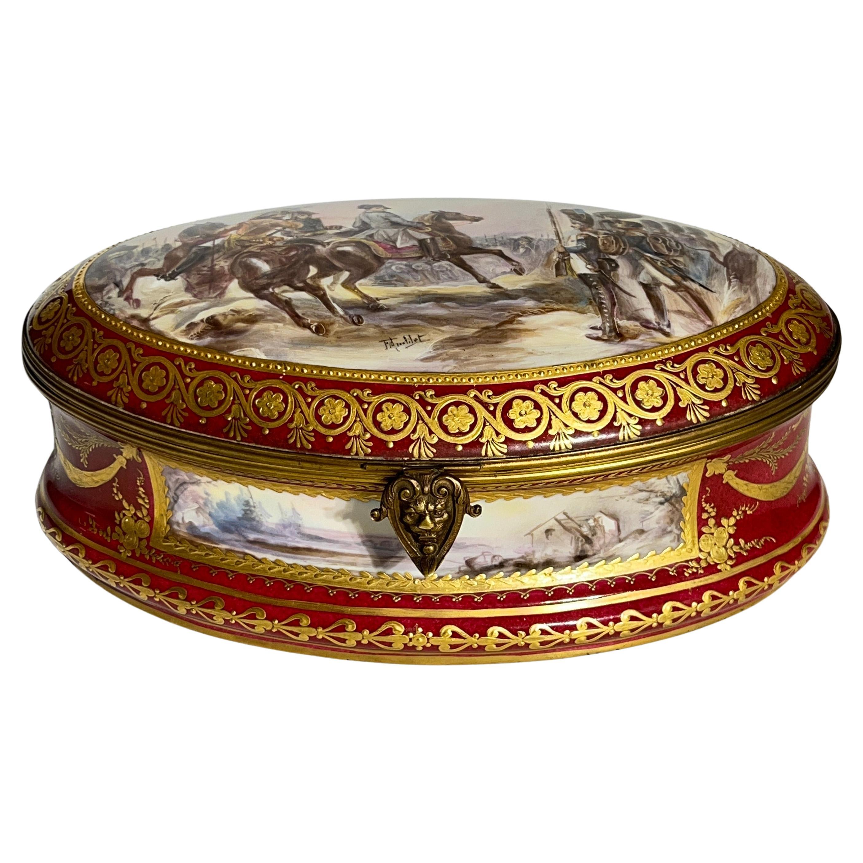 Antique French Napolionic  Sevres Style Porcelain Dresser Box / Jewelry Casket