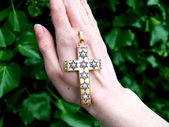Antique French Natural Pearl and Diamond Yellow Gold Cross Pendant