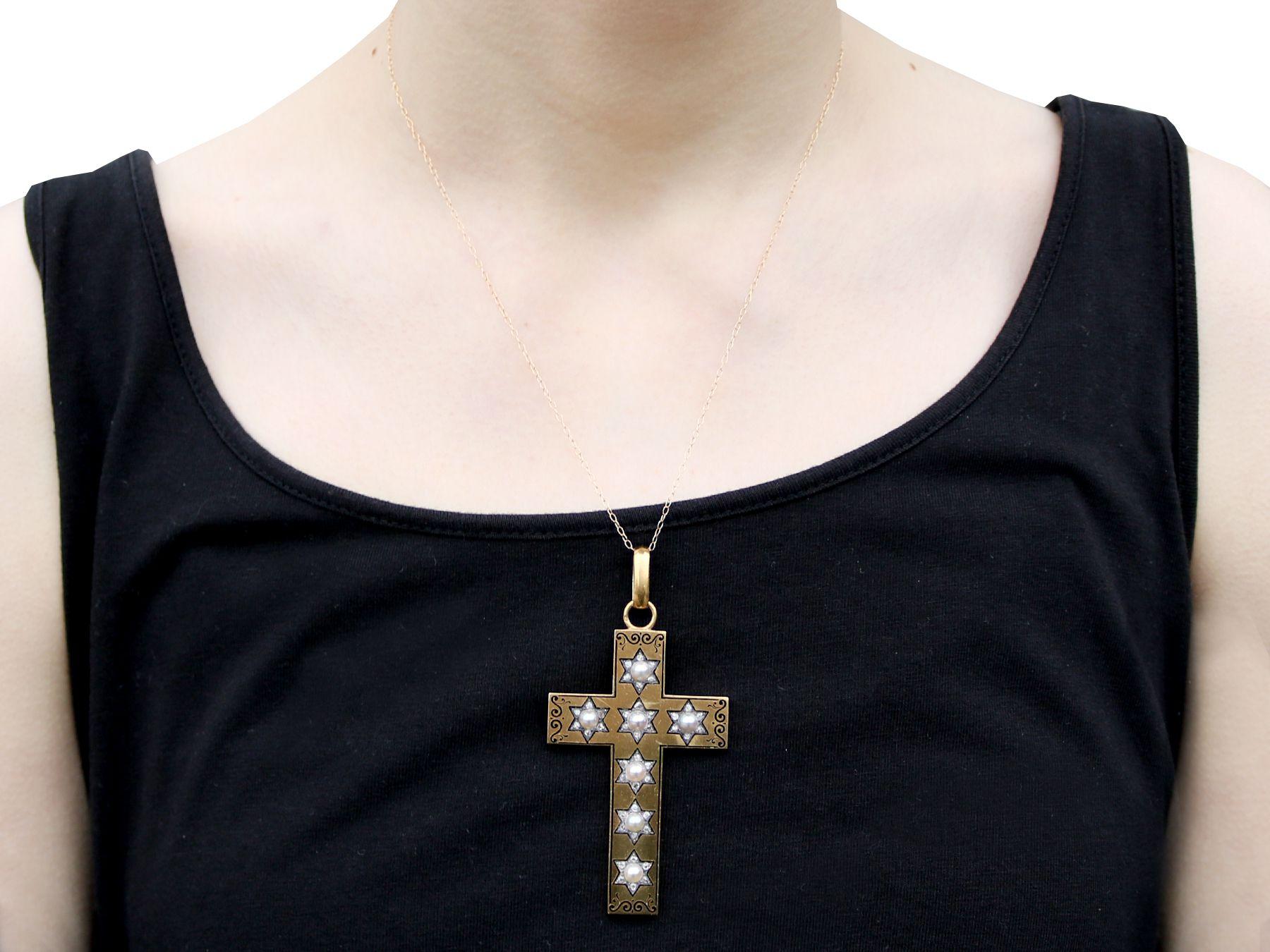 Women's or Men's Antique French Natural Pearl and Diamond Yellow Gold Cross Pendant