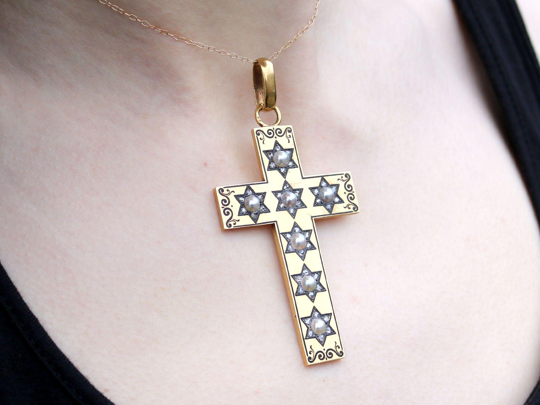 Antique French Natural Pearl and Diamond Yellow Gold Cross Pendant 1