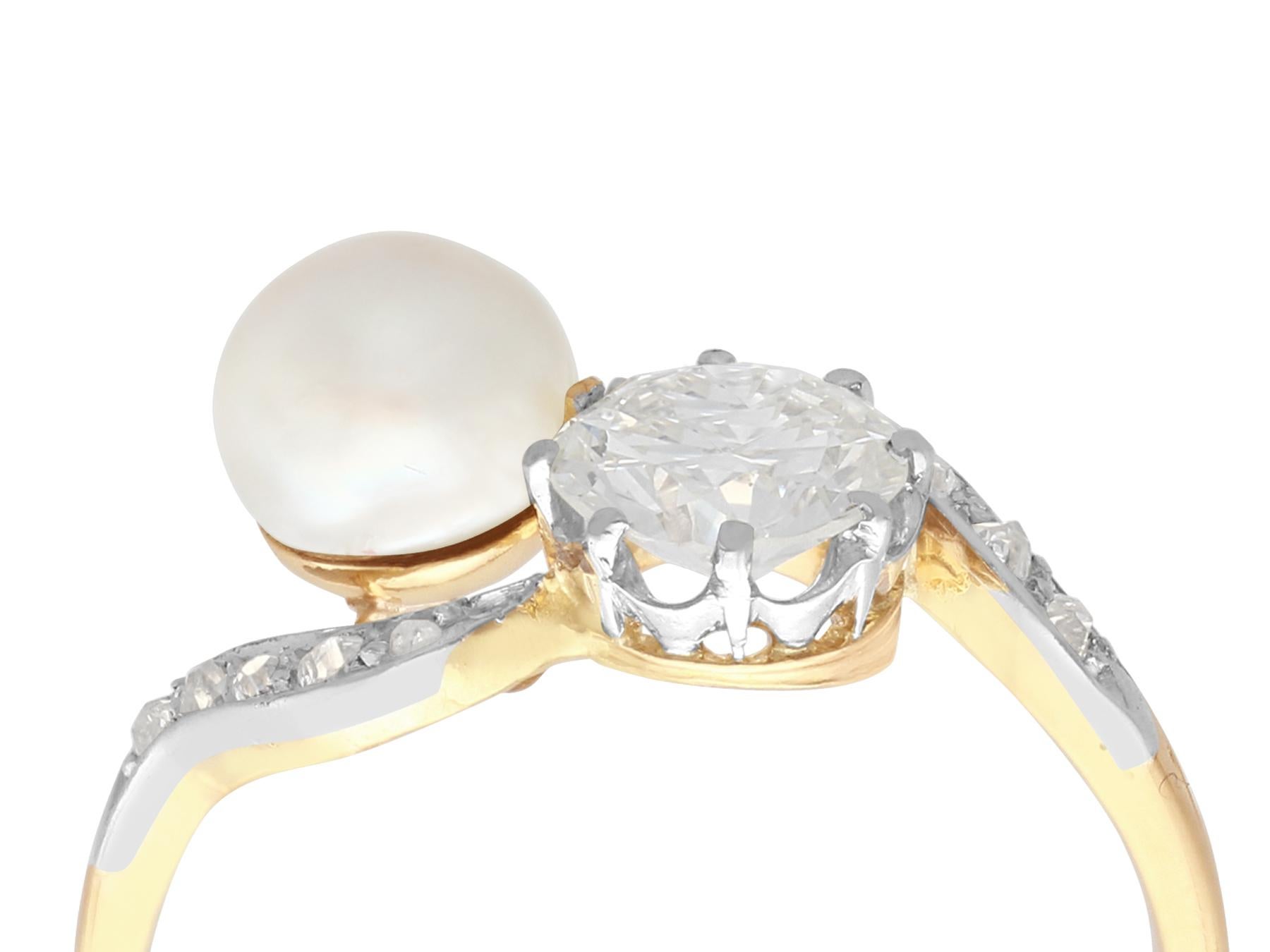 A stunning, fine and impressive antique French natural pearl and 2.60 carat diamond, 18 karat yellow gold and platinum set twist ring; part of our antique jewelry collections.

This stunning antique pearl ring has been crafted in 18k yellow gold