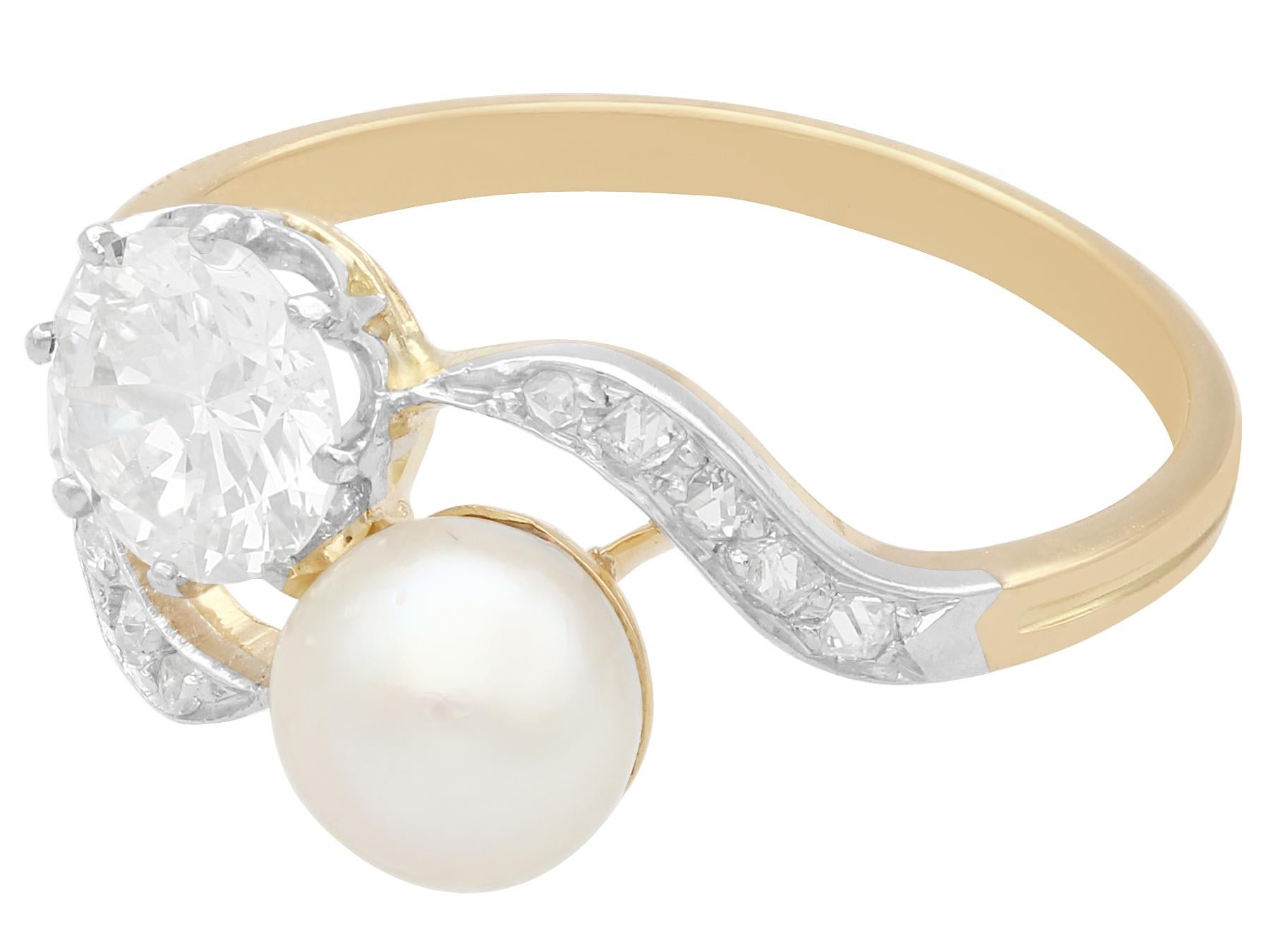 Round Cut Antique French Natural Pearl and 2.60 Carat Diamond Yellow Gold Twist Ring