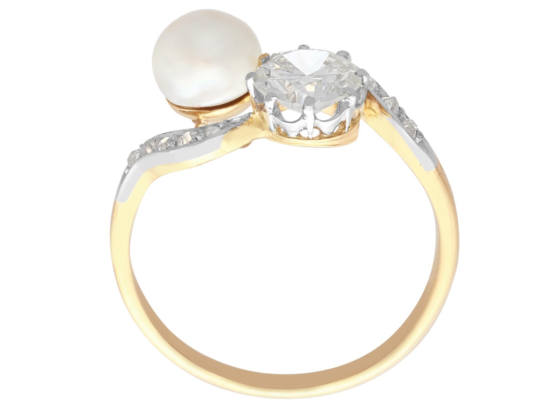 Women's or Men's Antique French Natural Pearl and 2.60 Carat Diamond Yellow Gold Twist Ring