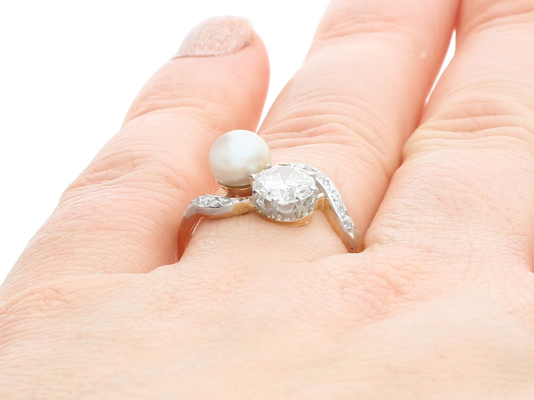 Antique French Natural Pearl and 2.60 Carat Diamond Yellow Gold Twist Ring 3