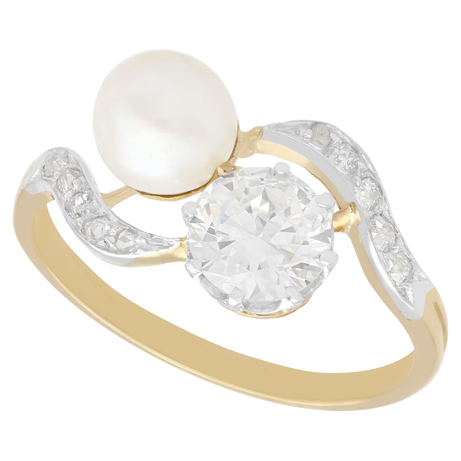 Antique French Natural Pearl and 2.60 Carat Diamond Yellow Gold Twist Ring