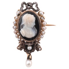 Antique French Natural Pearl Diamond and Cameo Brooch