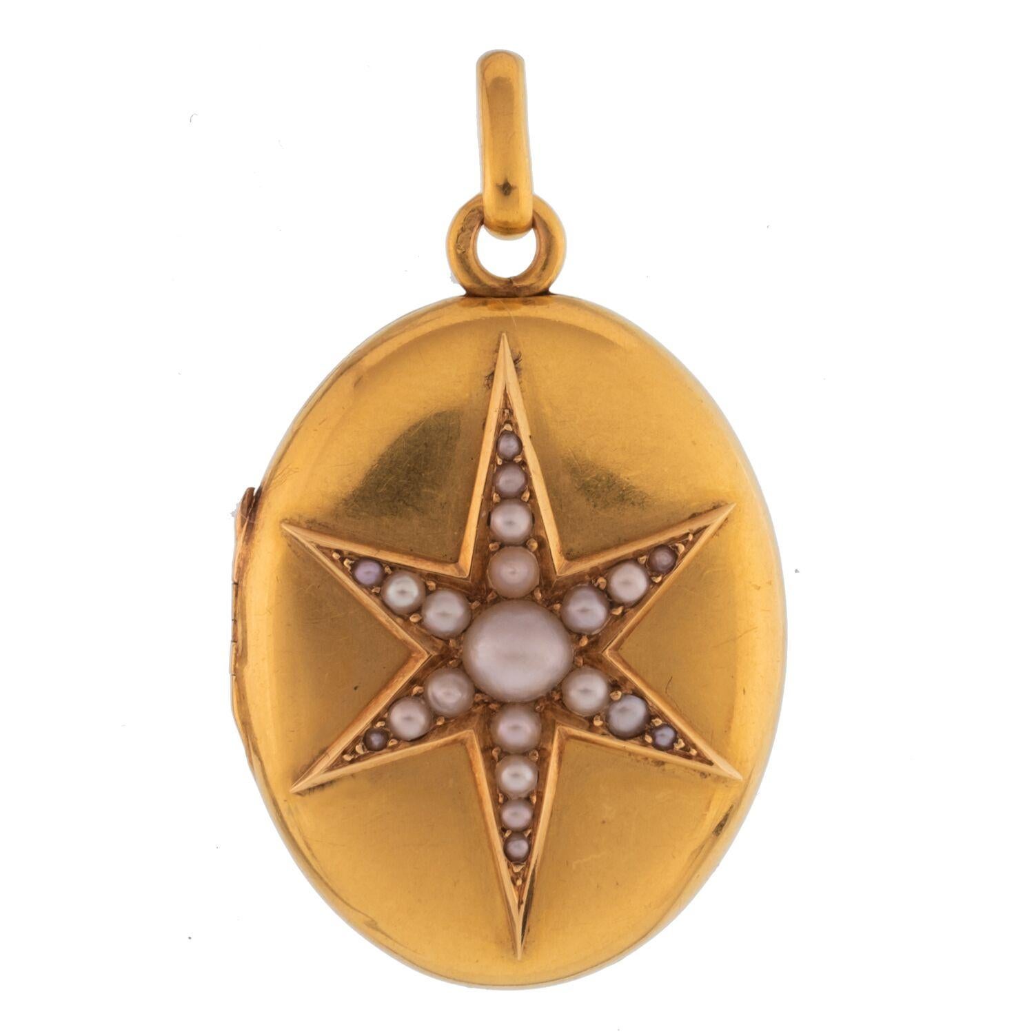 Antique French Natural Pearl Starburst and 18 Karat Yellow Gold Locket c.1880s