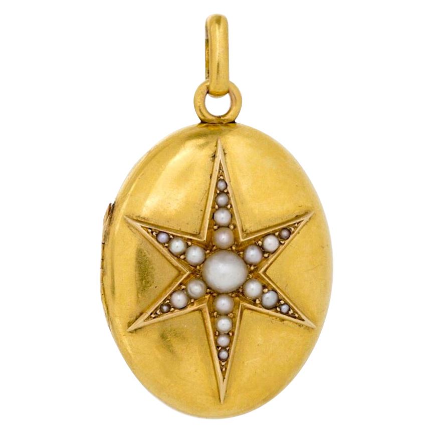 Antique French Natural Pearl Starburst and 18 Karat Yellow Gold Locket