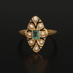 Antique French Navette Emerald Ring, Antique Edwardian Enamel Pearl Navette Ring