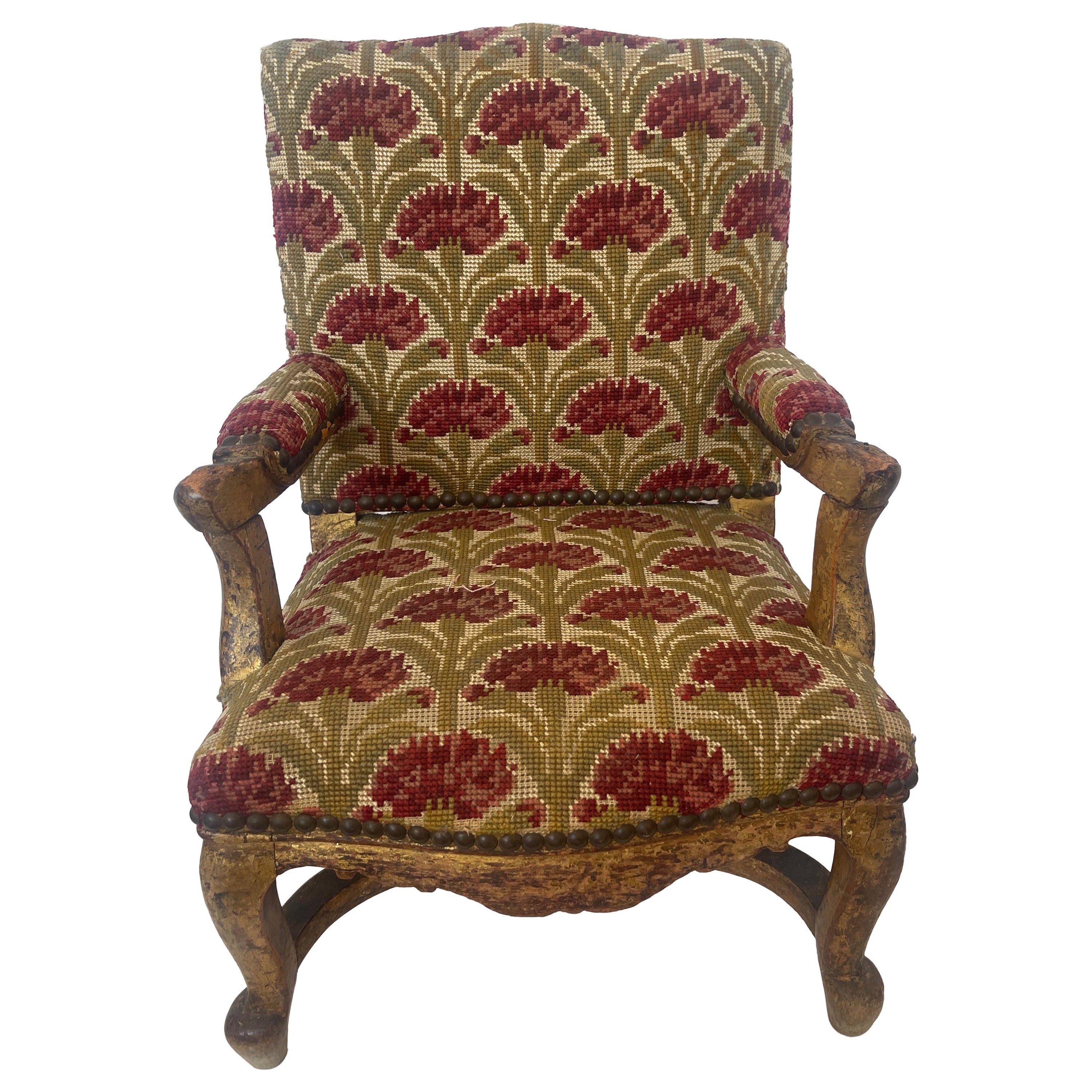 Antique French Needlepoint Gilt-Wood Child
s Fauteuil 19Th Century.