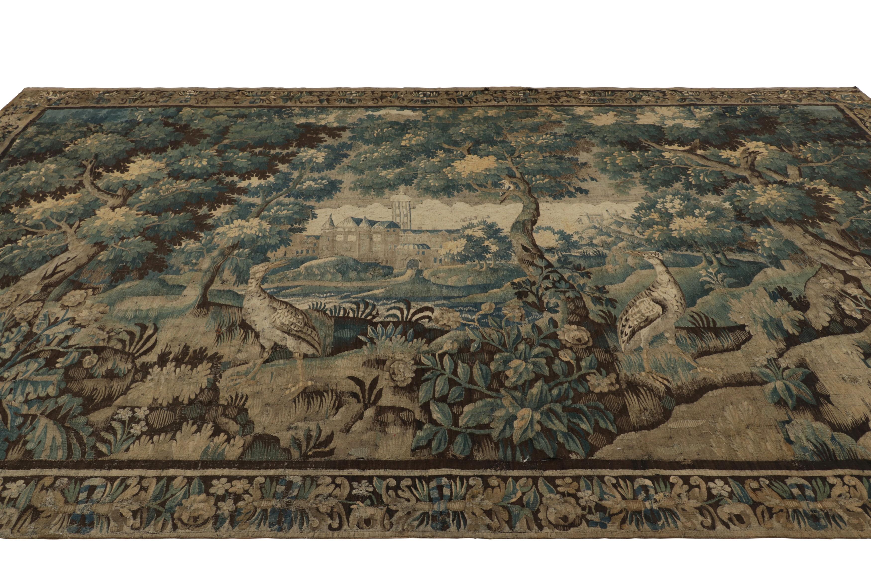 Antiguo Tapiz Pictórico de Aguja Francés en Azul y Tonos Crema - Rug & Kilim finales del siglo XVII en venta